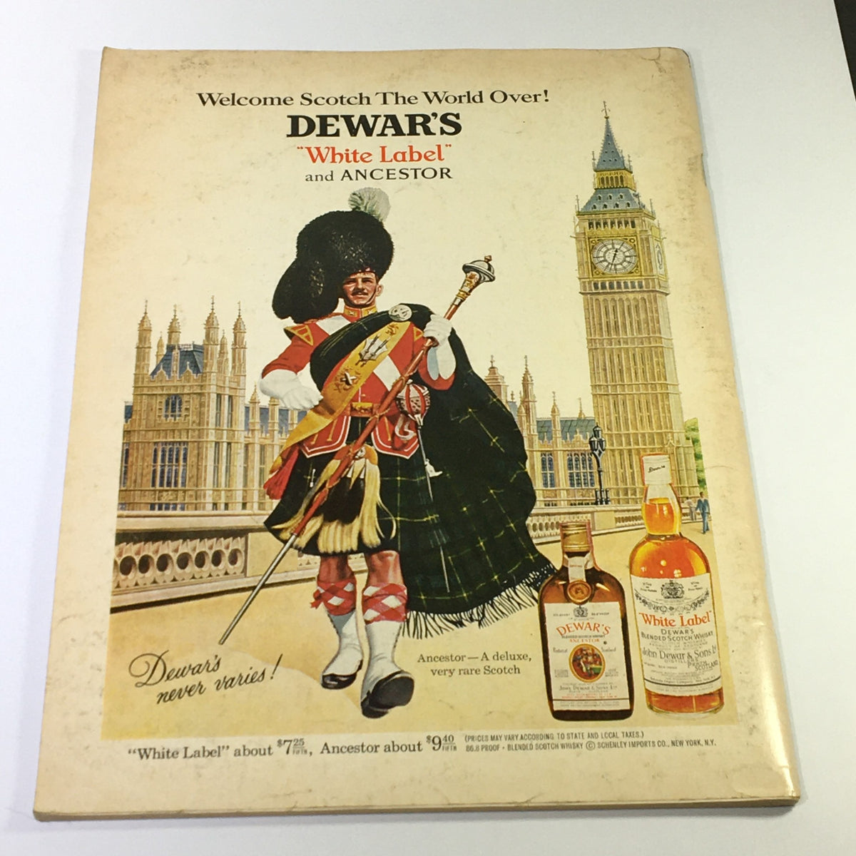 Cover of the June 1967 issue of Gourmet: The Magazine of Good Living, featuring an illustration related to Dewar's Scotch, showcasing a Scottish soldier with iconic landmarks in the background, reflecting the theme of 'The Wonders of Wales'.