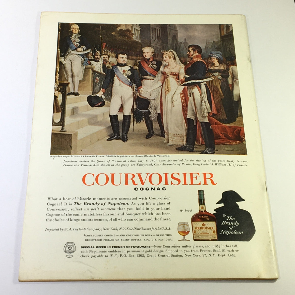Back cover of VTG Gourmet The Magazine of Good Living May 1963 featuring a vintage advertisement for Courvoisier Cognac with a historical illustration.