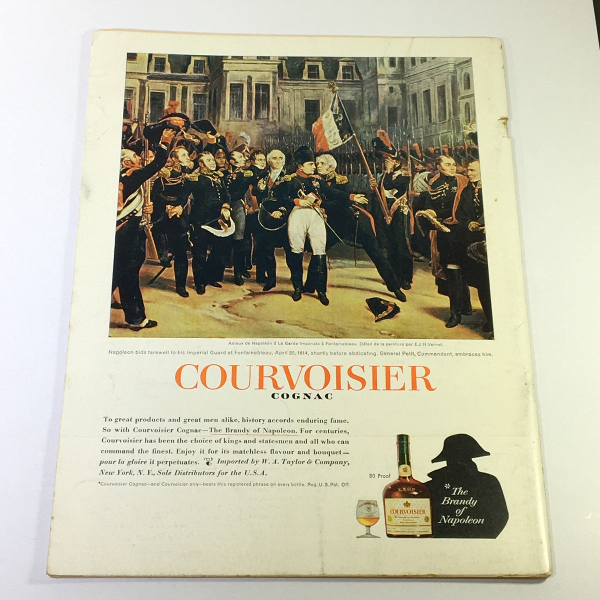 Back cover of VTG Gourmet: The Magazine of Good Living, May 1964, featuring a historical painting and an advertisement for Courvoisier Cognac, highlighting vintage advertising styles.
