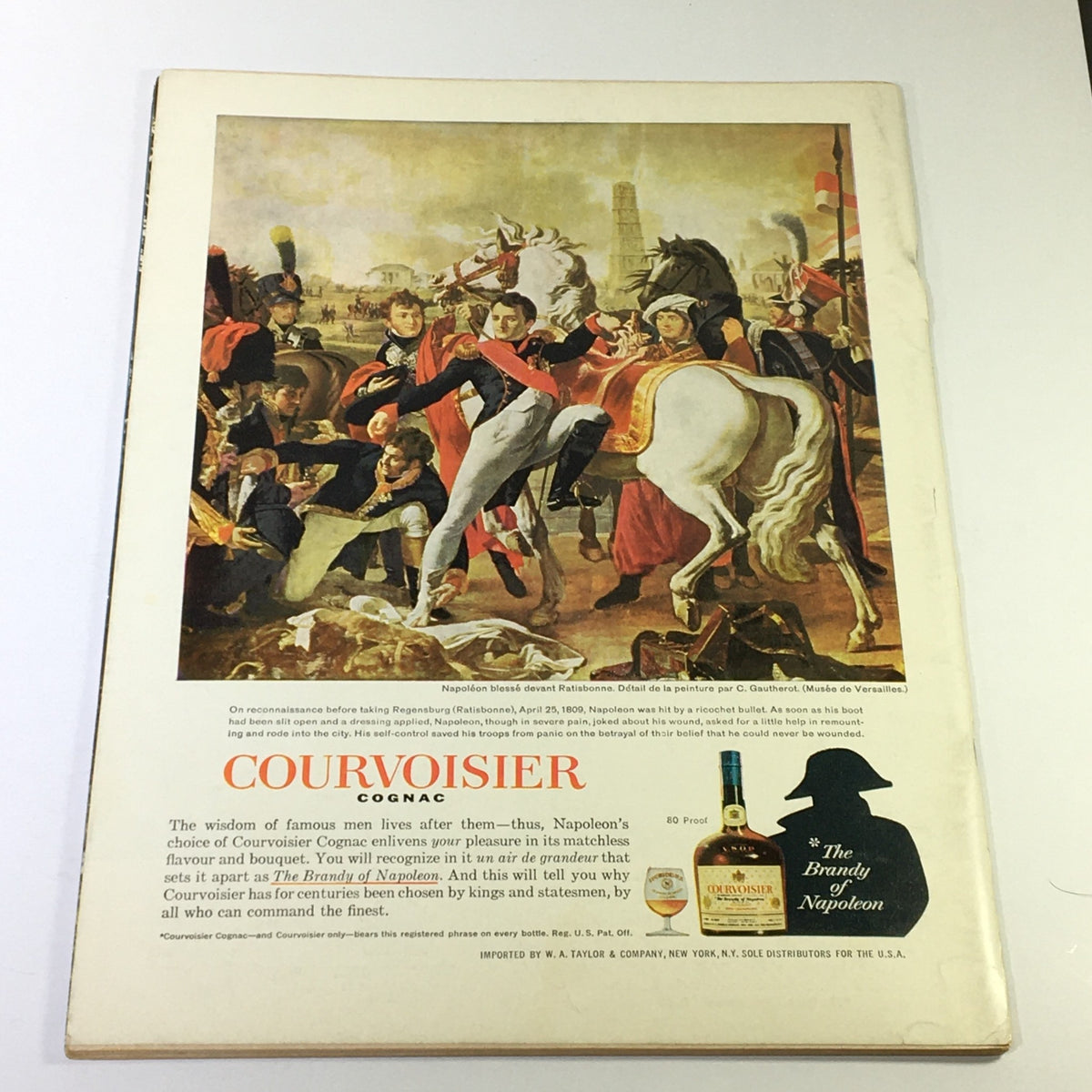 Back cover of VTG Gourmet The Magazine of Good Living May 1965 displaying an advertisement for Courvoisier Cognac with a historical painting, reflecting the lifestyle culture of the era.