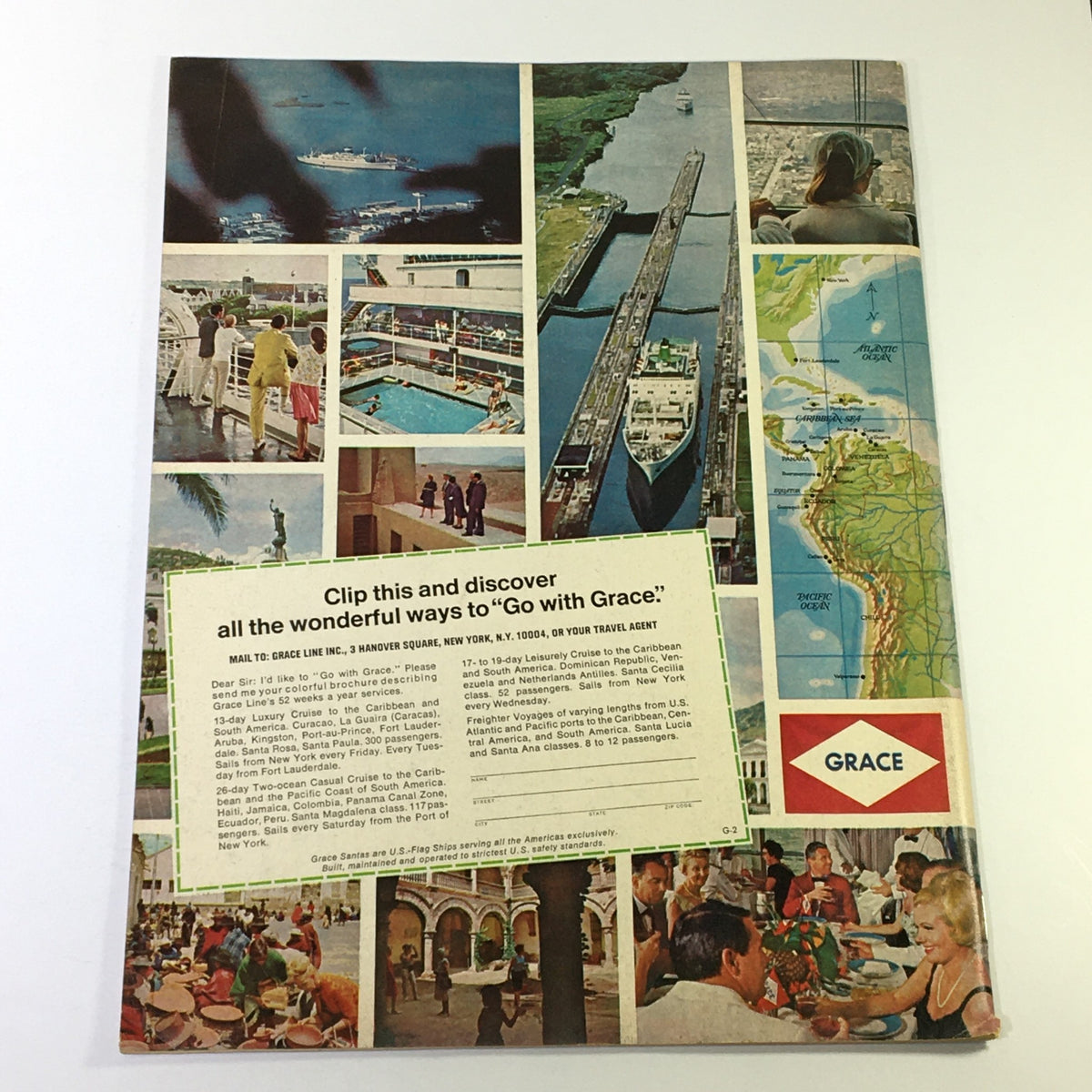 Back cover of VTG Gourmet The Magazine of Good Living February 1968 showcasing various travel destinations and advertisements for Grace Line cruises.