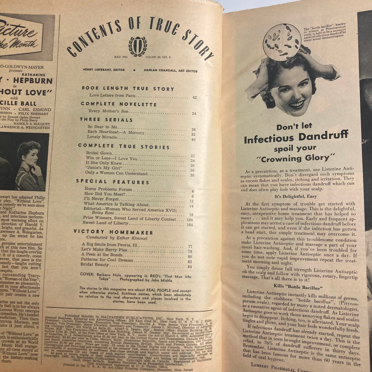 Inside page of VTG True Story Magazine June 1945 Vol 52 No 5 showing the table of contents and advertisements from the vintage publication.