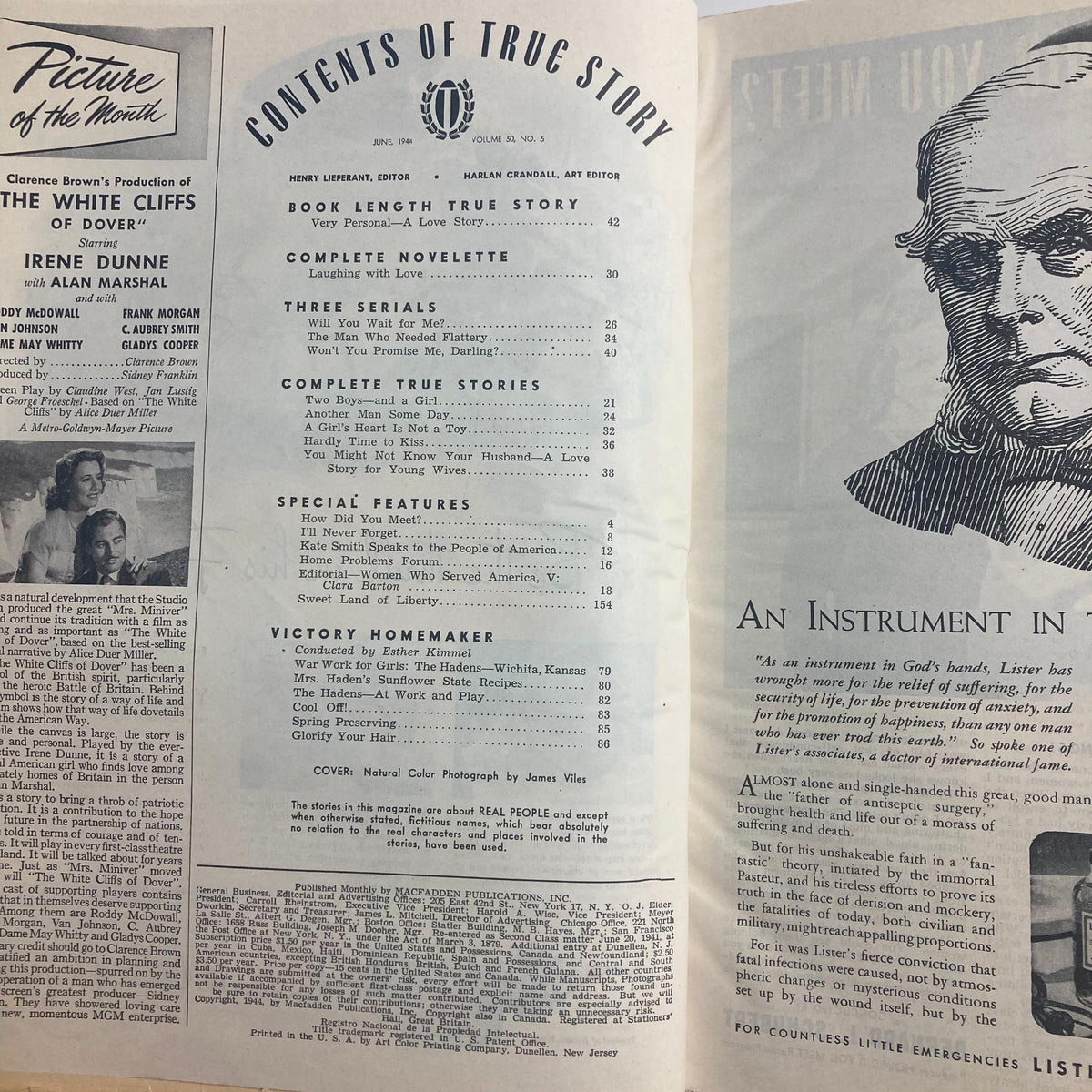 Inside page of VTG True Story Magazine June 1944 Vol 50 No. 5, displaying the table of contents with various featured stories and articles.