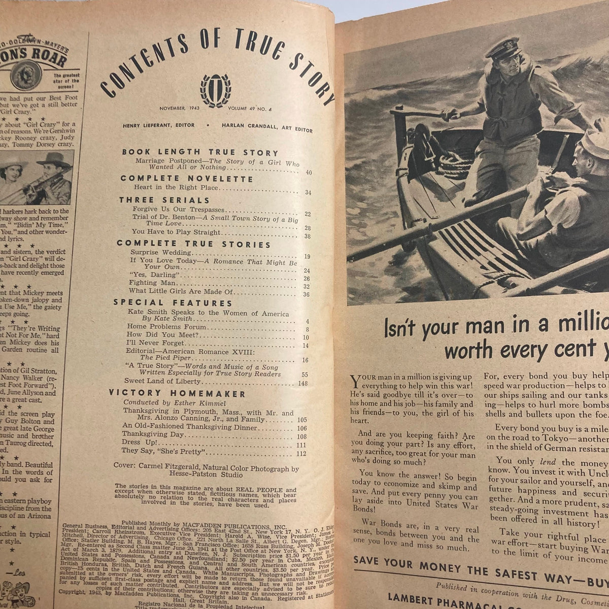 Inside contents page of VTG True Story Magazine November 1943, Volume 49, Number 4 detailing featured stories and articles.