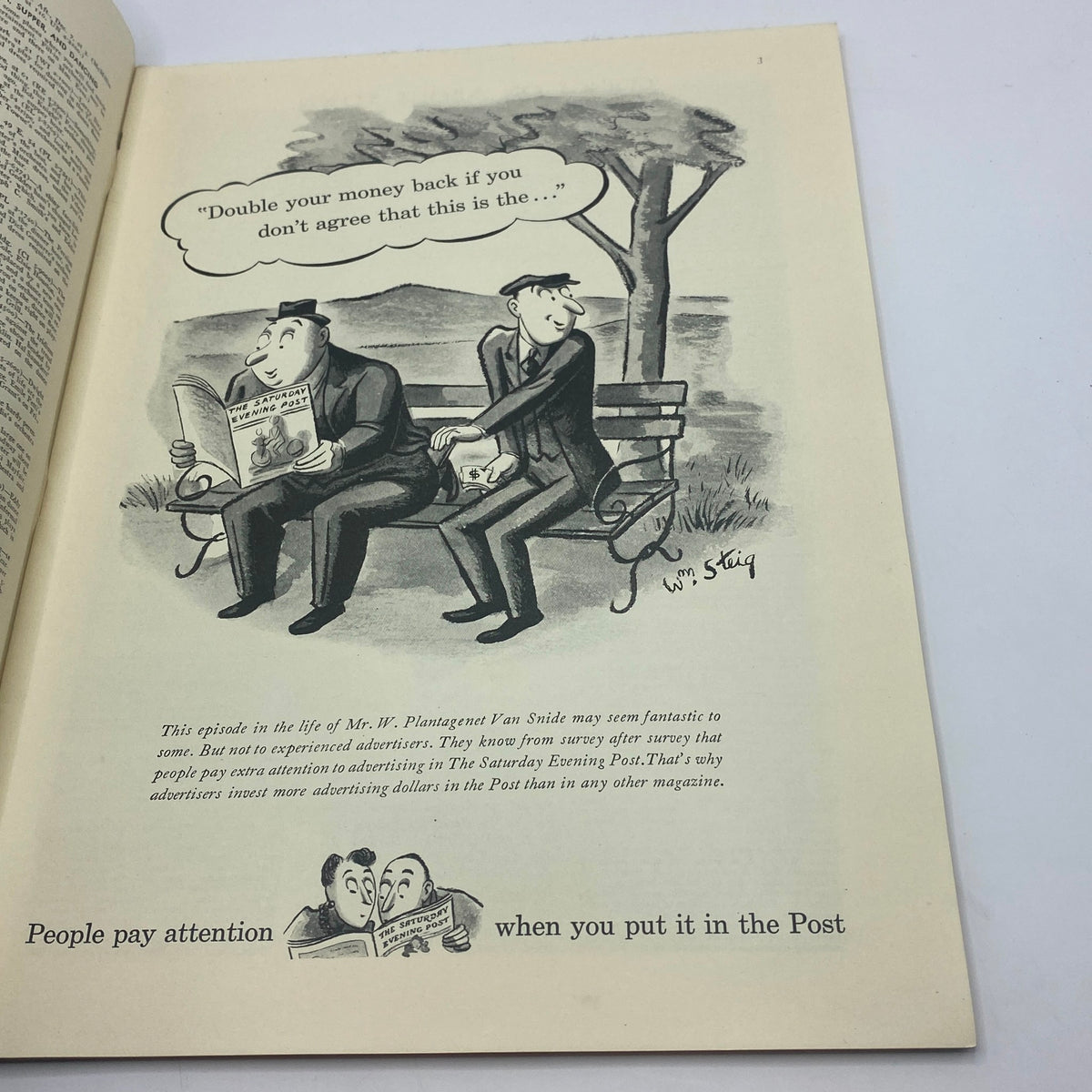 Cartoon illustration in The New Yorker magazine from November 30, 1940 showcasing humorous dialogue about advertising effectiveness.