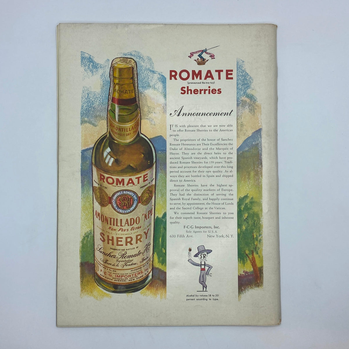 Advertisement for Romate Sherries in The New Yorker magazine from November 30, 1940 highlighting its quality and history.
