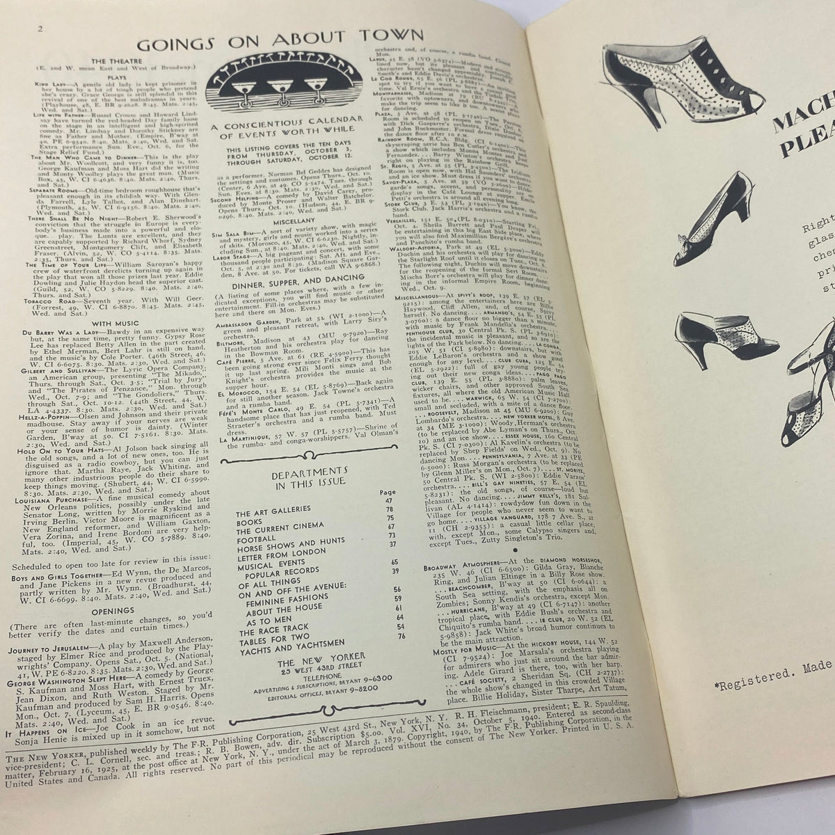 Interior page of The New Yorker magazine from October 5, 1940 featuring a calendar of events titled 'Goings on About Town' alongside advertisements, capturing cultural highlights from the era.