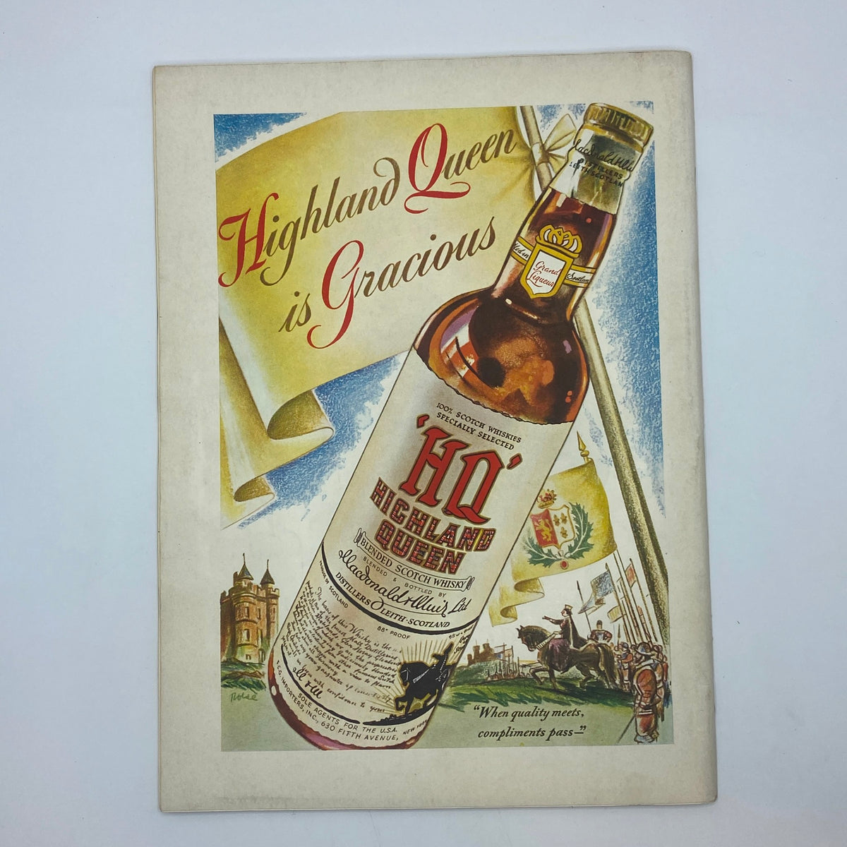 Cover of The New Yorker magazine from October 5, 1940 featuring the vintage advertisement for 'Highland Queen' Scotch Whisky, with vibrant graphics and branding reflecting the style of the 1940s.