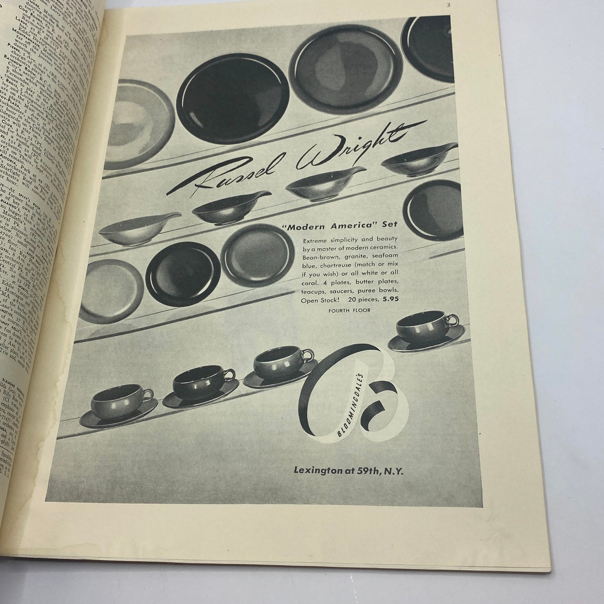 Vintage advertisement featuring Russel Wright's 'Modern America' set, showcasing ceramic dishware with a contemporary design, from The New Yorker magazine September 7, 1940.