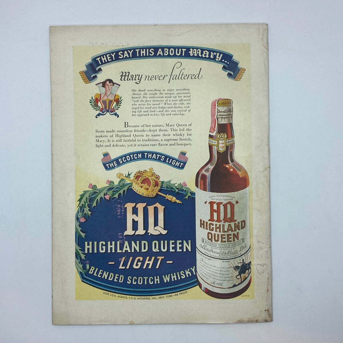 Classic advertisement for HQ Highland Queen blended Scotch whisky, depicting the bottle and colorful graphics, from The New Yorker magazine September 7, 1940.