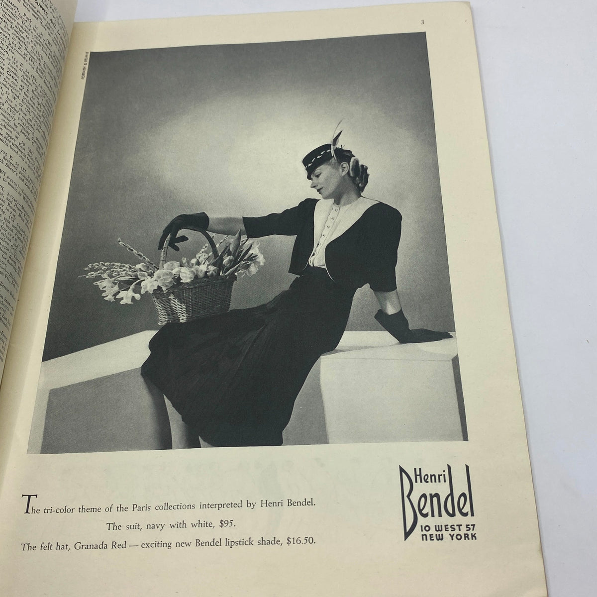 Advertising page from The New Yorker Magazine February 24, 1940, featuring a vintage fashion model with a basket and text promoting Henri Bendel's products.