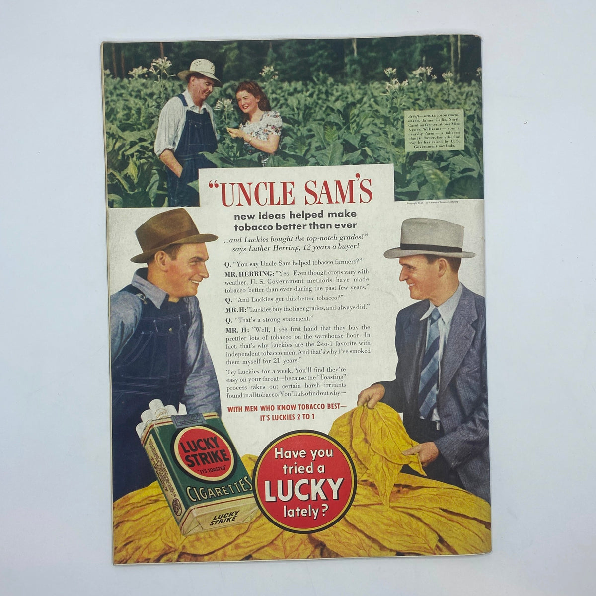 The New Yorker Complete Magazine February 24, 1940 featuring a vintage advertisement for Lucky Strike cigarettes, highlighting tobacco farming and promotional messaging.