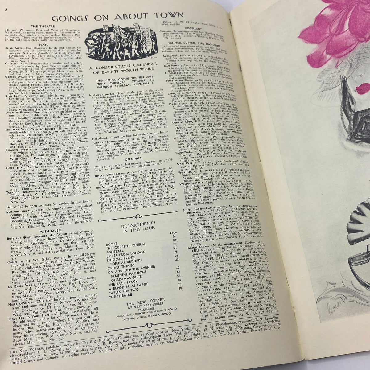 Inside page of The New Yorker Complete Magazine November 2, 1940 showcasing articles and calendar of events.