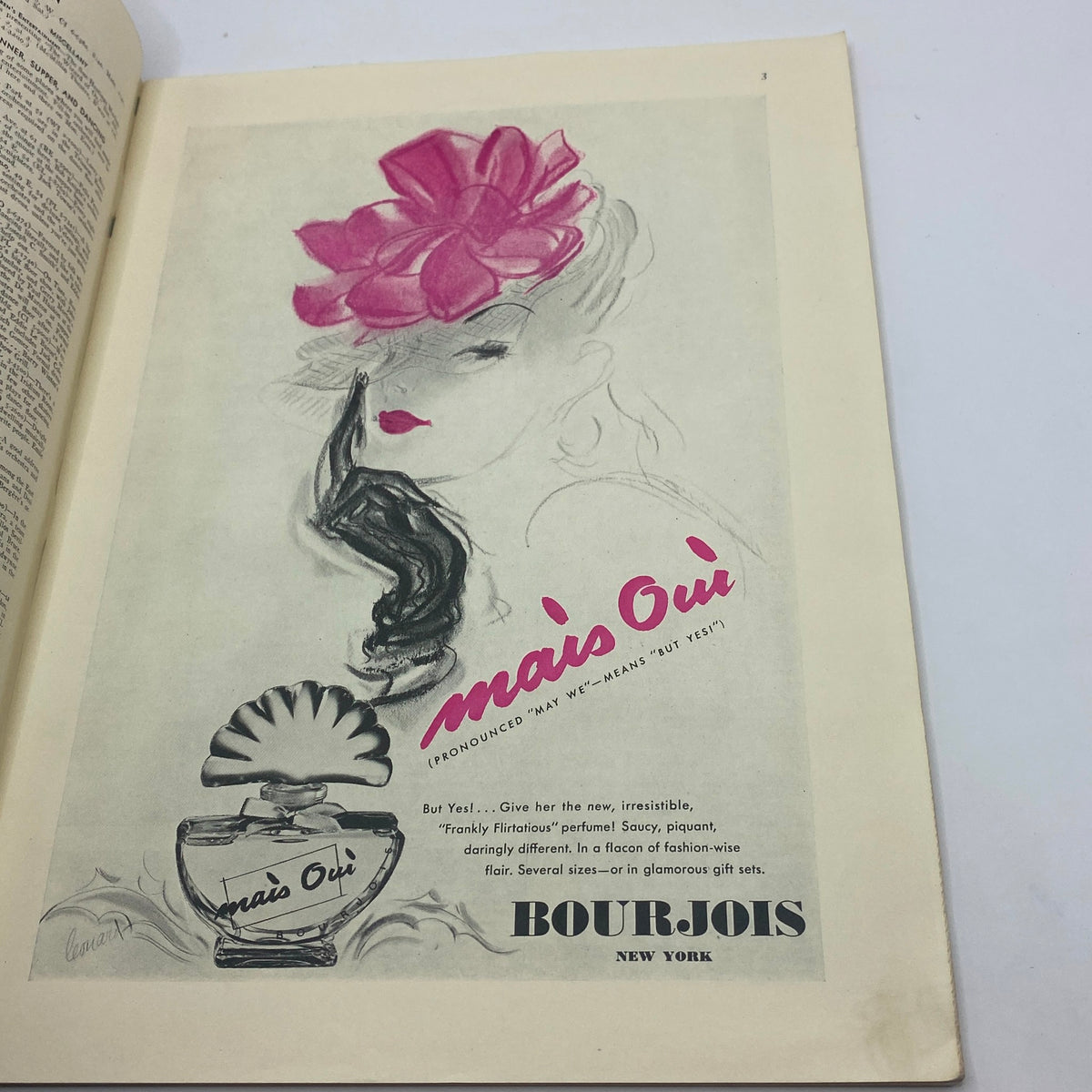 Ad page from The New Yorker Complete Magazine November 2, 1940 featuring a vintage perfume advertisement for mais Oui.