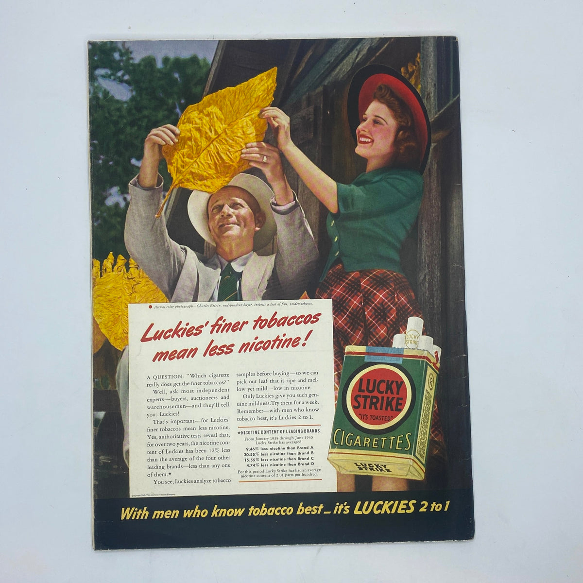 Vintage advertisement from The New Yorker Complete Magazine November 2, 1940 promoting Lucky Strike cigarettes with a cheerful couple.