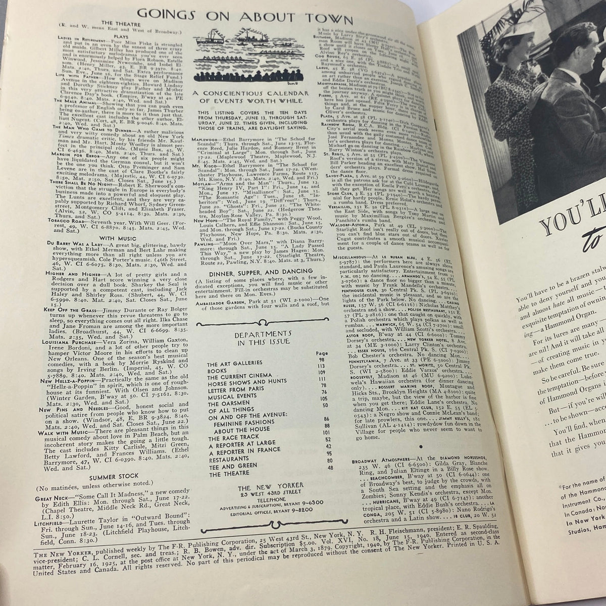 Goings on About Town section from The New Yorker Complete Magazine June 15, 1940, featuring events and advertisements.