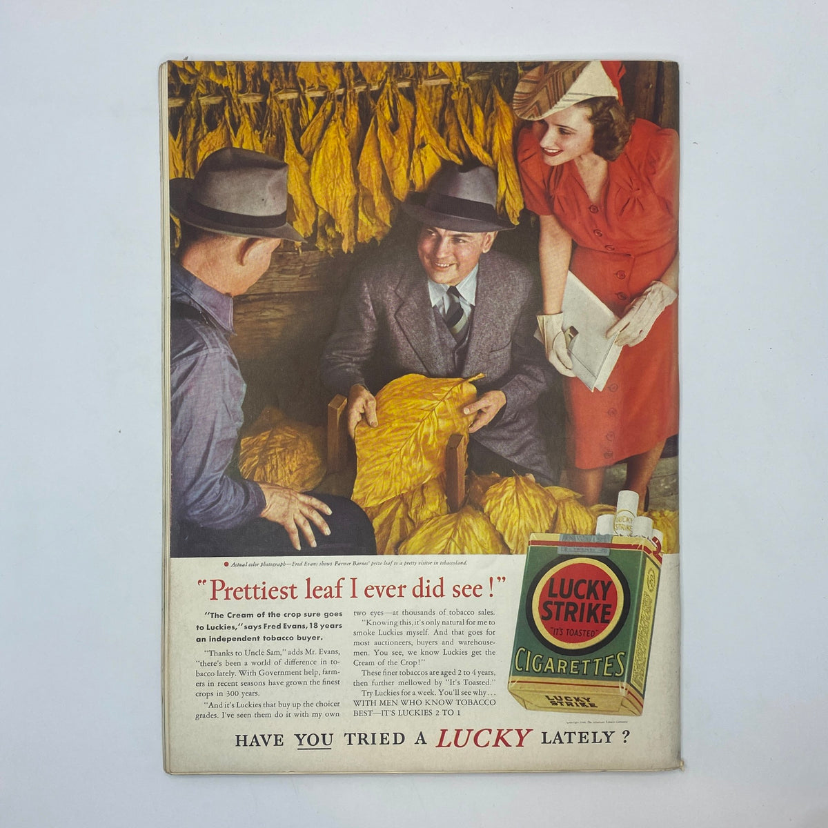 Vintage Lucky Strike advertisement featuring tobacco leaves and smiling individuals from The New Yorker Complete Magazine June 15, 1940.