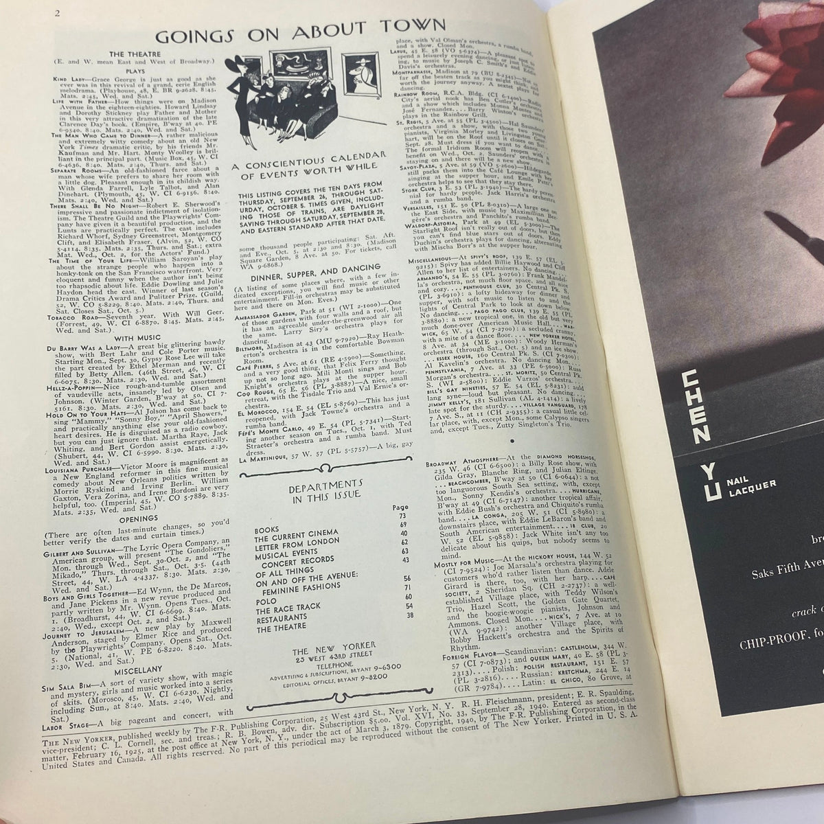 Interior page from The New Yorker Complete Magazine September 28, 1940, showcasing 'Goings on About Town' section with events and entertainment listings.