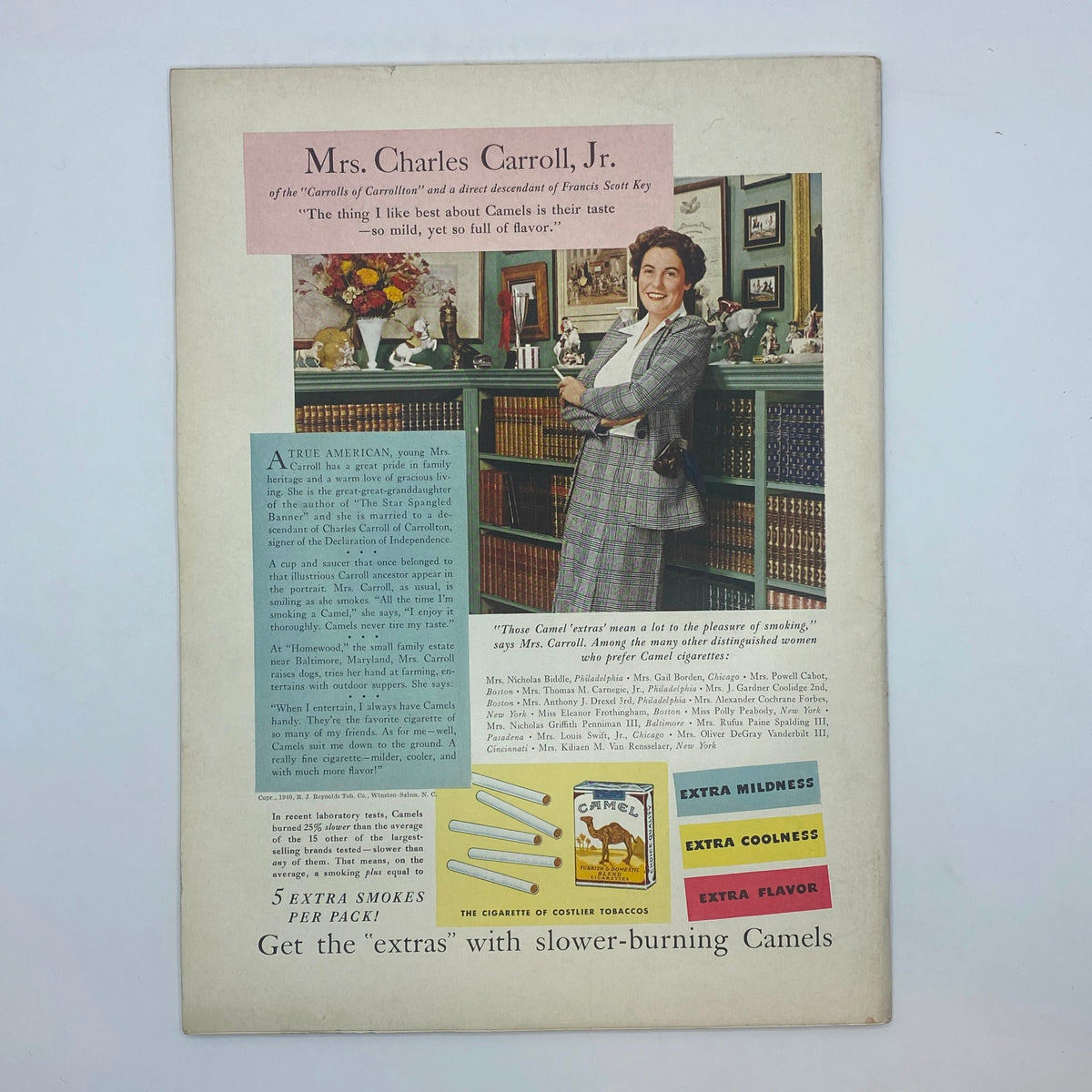 Vintage advertisement featuring Mrs. Charles Carroll, Jr. endorsing Camel cigarettes, with a background of classic home decor. This ad captures the essence of 1940s commercial art, promoting the cigarette brand with a stylish image.