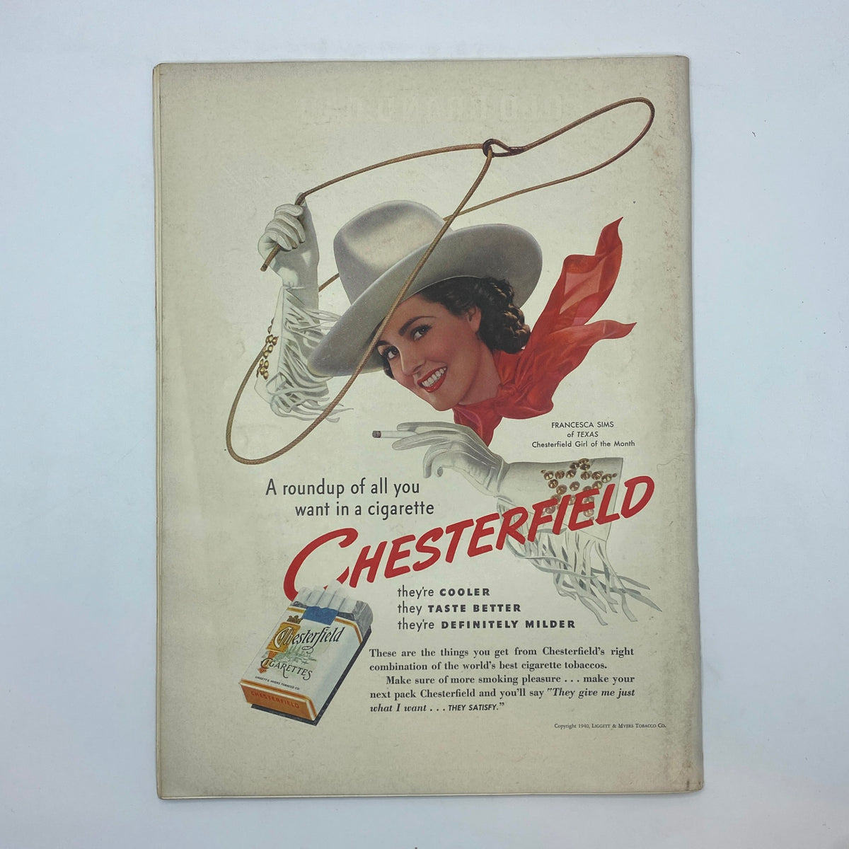 Vintage advertisement from The New Yorker Complete Magazine March 30, 1940 featuring Chesterfield cigarettes with a model in a cowboy hat.