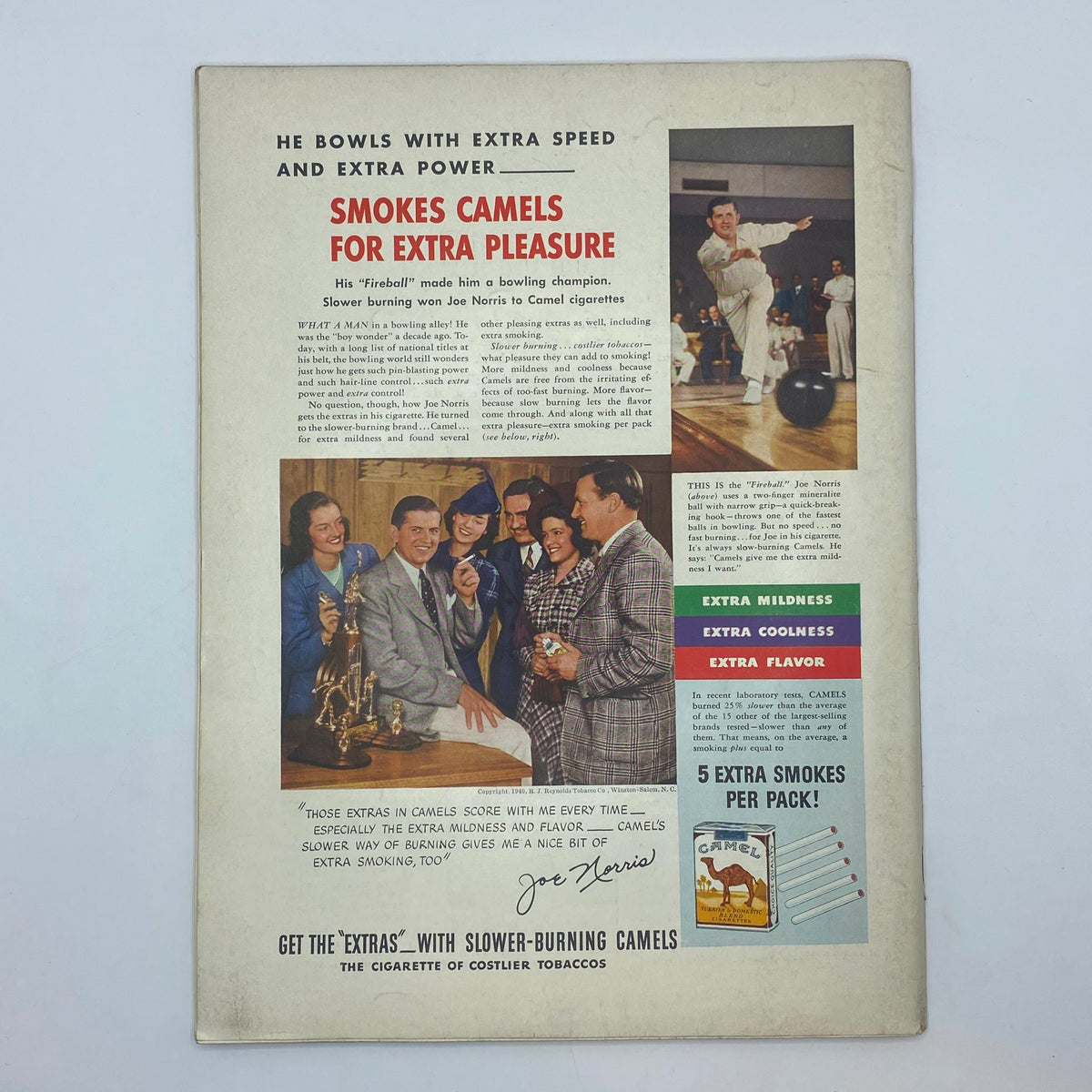 Camel cigarette advertisement featuring bowler Joe Norris in The New Yorker November 23, 1940, illustrating mid-20th century advertising and lifestyle.