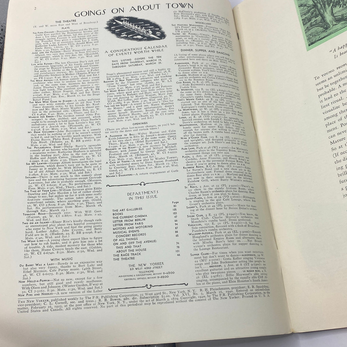 Interior page featuring events and calendar listings from The New Yorker Complete Magazine March 16, 1940, showcasing the magazine's classic layout and vintage typography.