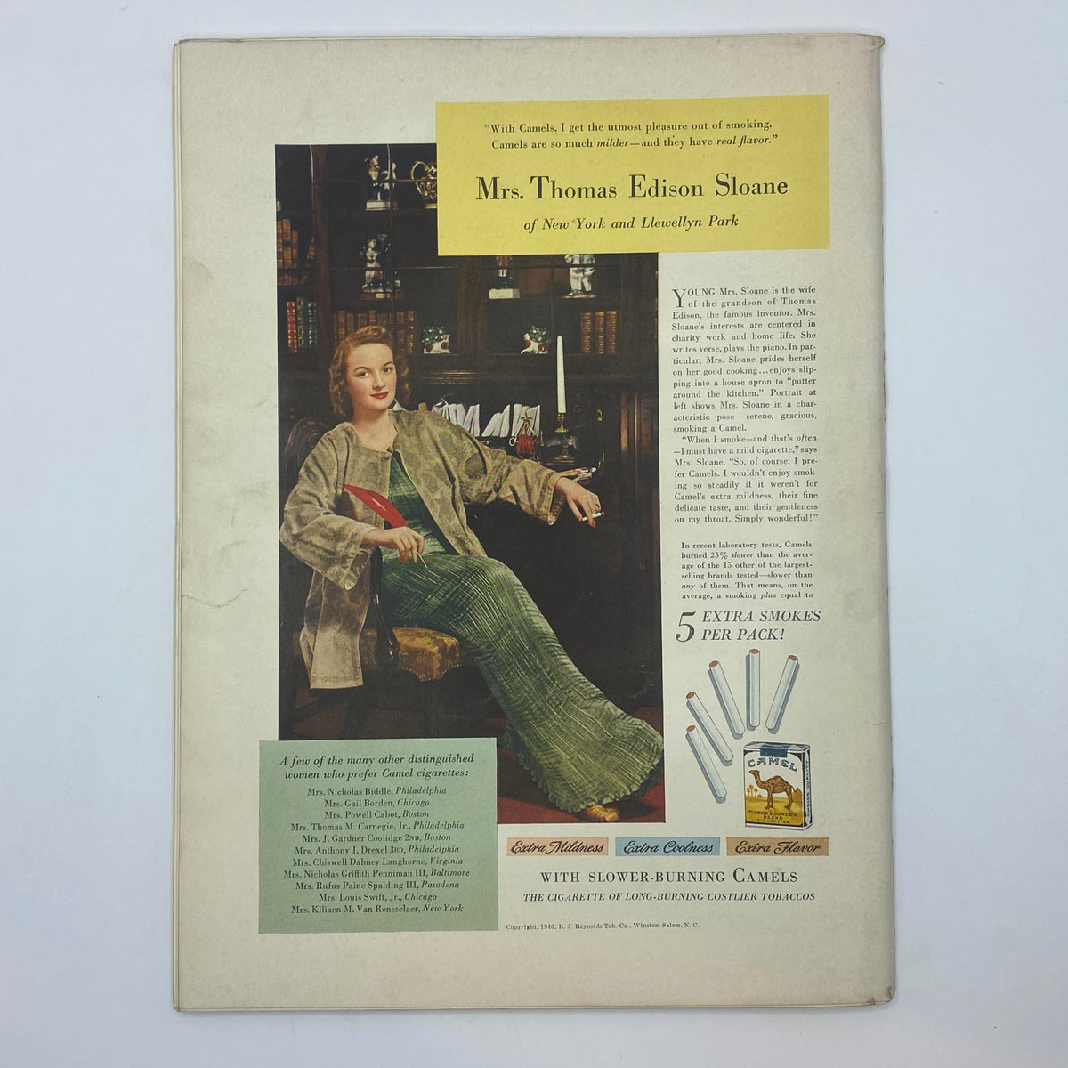 Advertisement page in The New Yorker Complete Magazine March 16, 1940, featuring Mrs. Thomas Edison Sloane promoting Camel cigarettes, highlighting vintage advertising trends of the era.