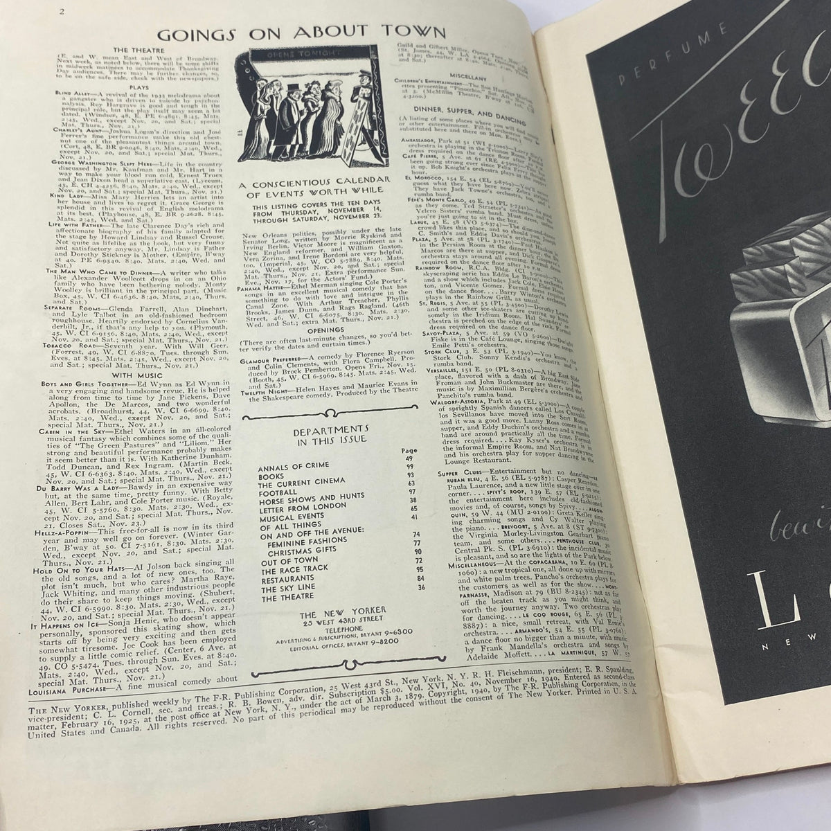 Interior page of The New Yorker magazine from November 16, 1940, featuring the 'Goings on About Town' section.