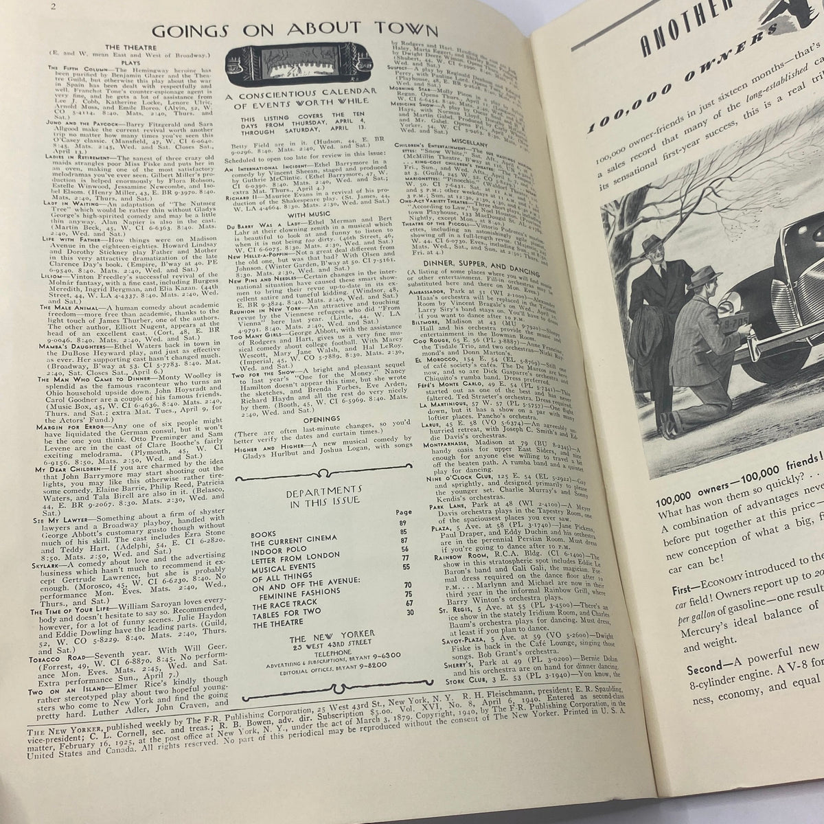 Interior page of The New Yorker magazine from April 6, 1940 featuring the calendar of events and various departments including theatre and current cinema. Title: The New Yorker Complete Magazine April 6, 1940 Rea Irvin Cover.