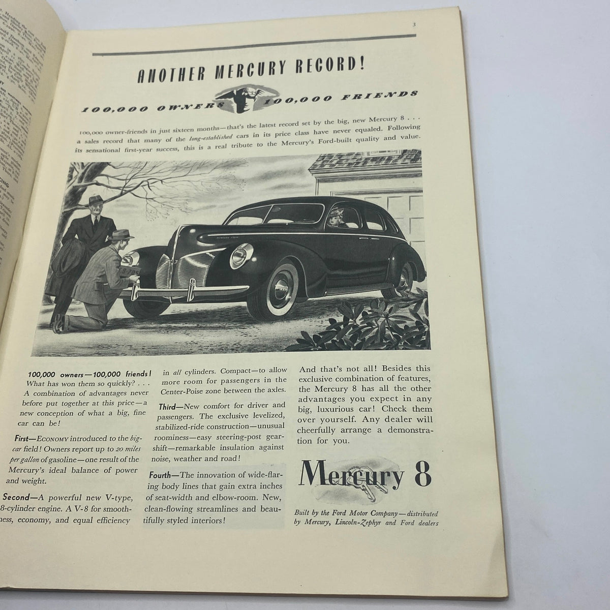 Advertisement page for the Mercury 8 car in The New Yorker magazine from April 6, 1940, showcasing its features and innovation. Title: The New Yorker Complete Magazine April 6, 1940 Rea Irvin Cover.