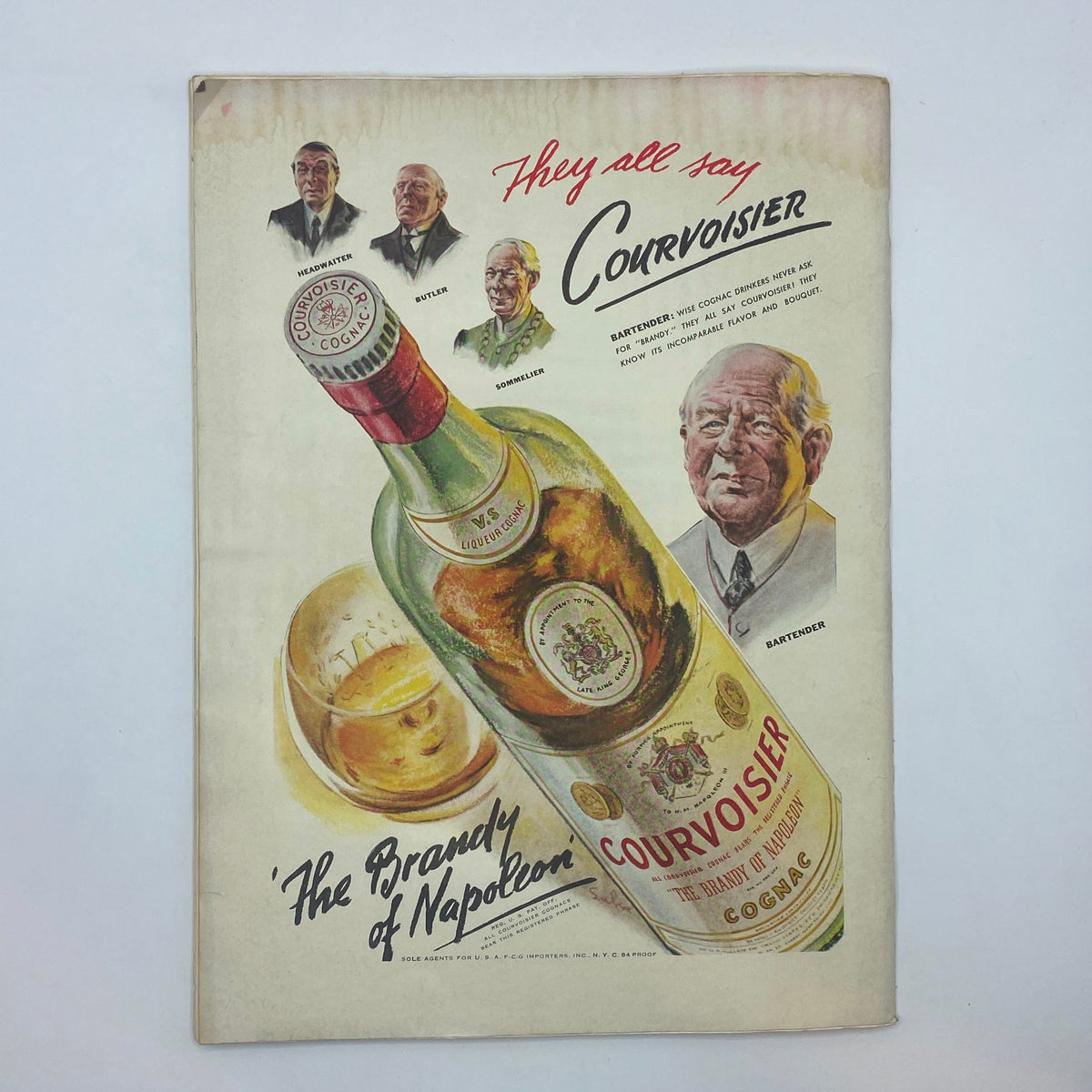Advertisement for Courvoisier cognac featured in The New Yorker magazine from April 6, 1940, highlighting its brand heritage. Title: The New Yorker Complete Magazine April 6, 1940 Rea Irvin Cover.