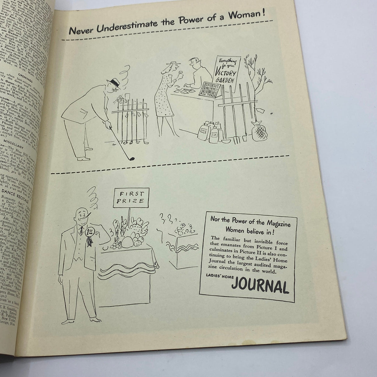 Illustration from The New Yorker magazine, May 1, 1943, depicting a whimsical scene titled 'Never Underestimate the Power of a Woman!'