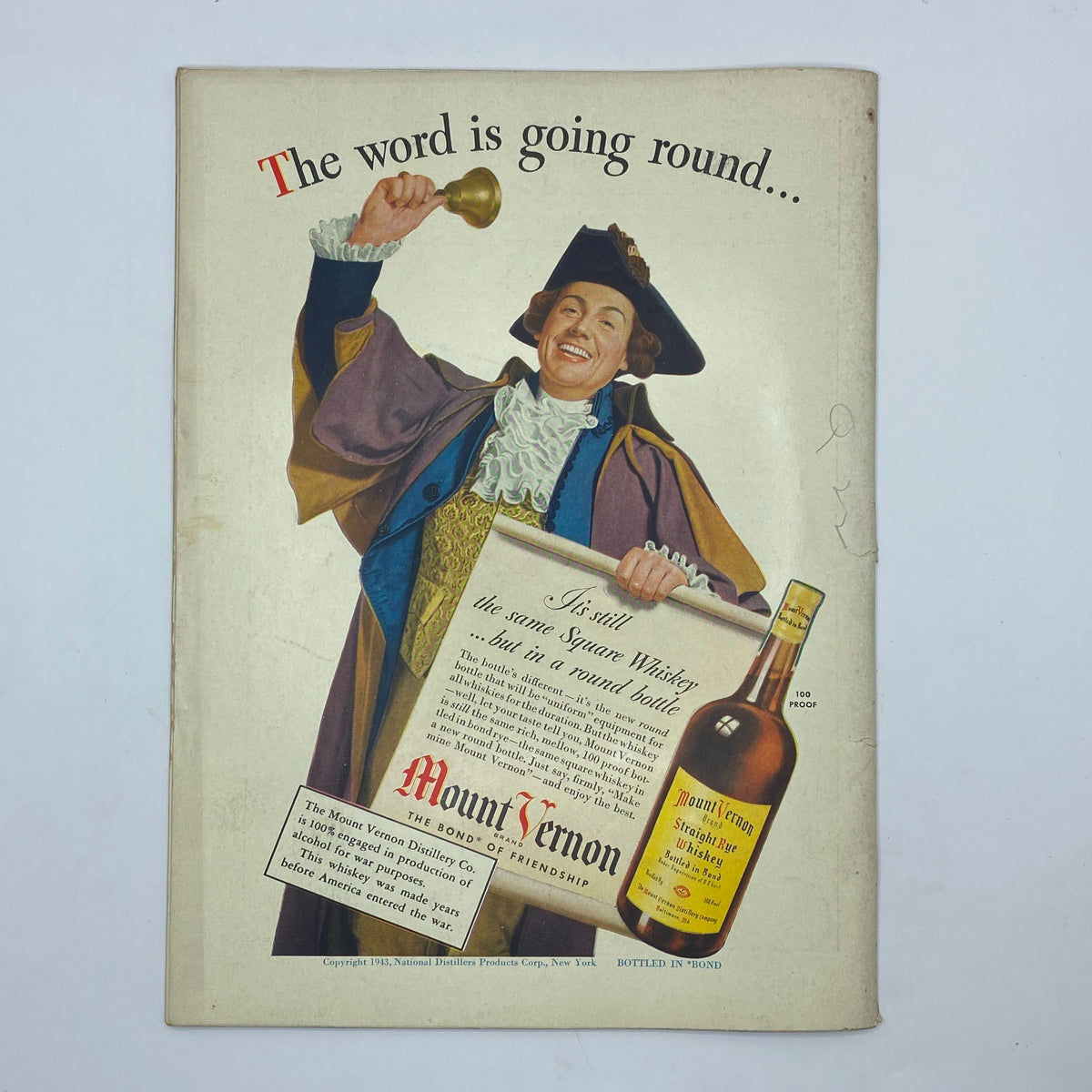 Advertorial page from The New Yorker magazine, May 1, 1943, featuring a jovial character promoting Mount Vernon whiskey with a vintage advertisement.