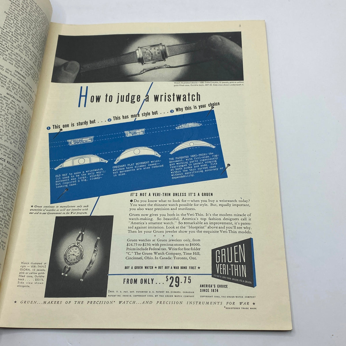 A detailed advertisement on how to judge a wristwatch from The New Yorker Complete Magazine April 24, 1943, illustrating a Gruen watch with accompanying descriptions of its features.