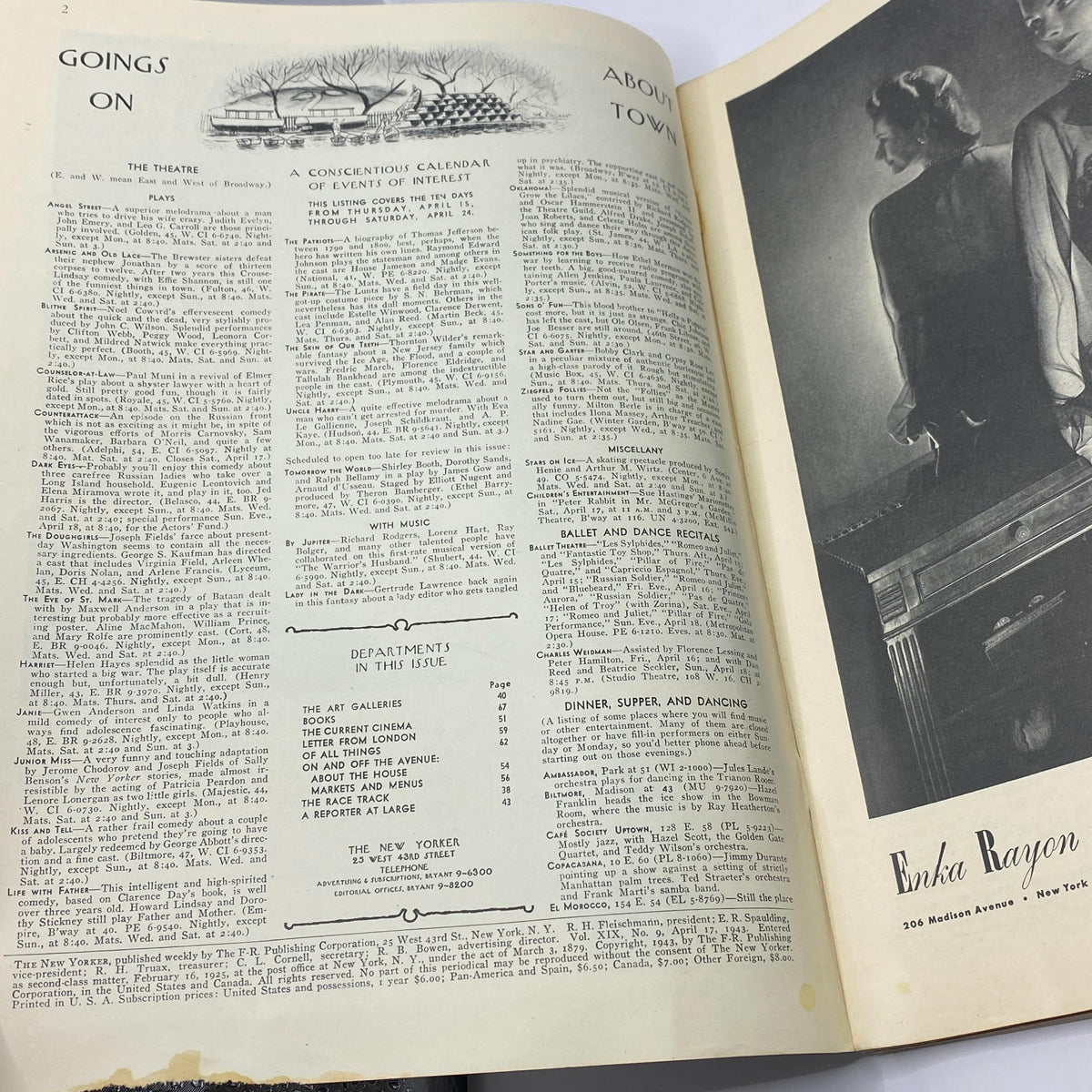 Interior page of The New Yorker Complete Magazine April 17, 1943 showcasing events and happenings of the time.