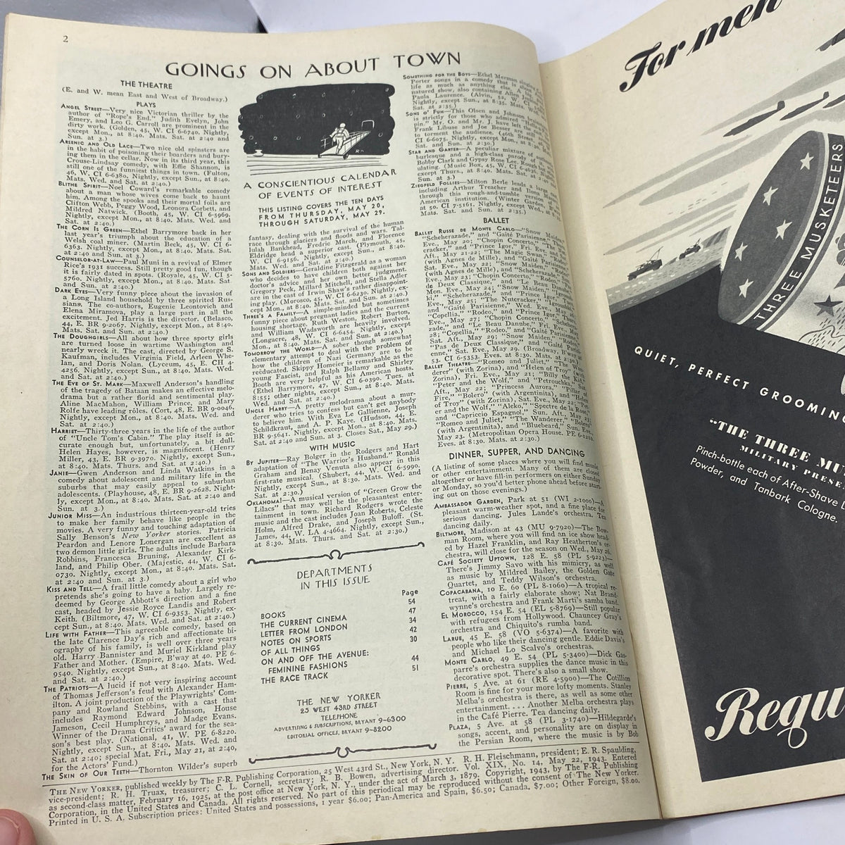 Inside page of The New Yorker magazine from May 22, 1943 featuring the 'Goings On About Town' section and advertisements, showcasing the cultural landscape of the time, part of the edition with Ilonka Karasz cover.
