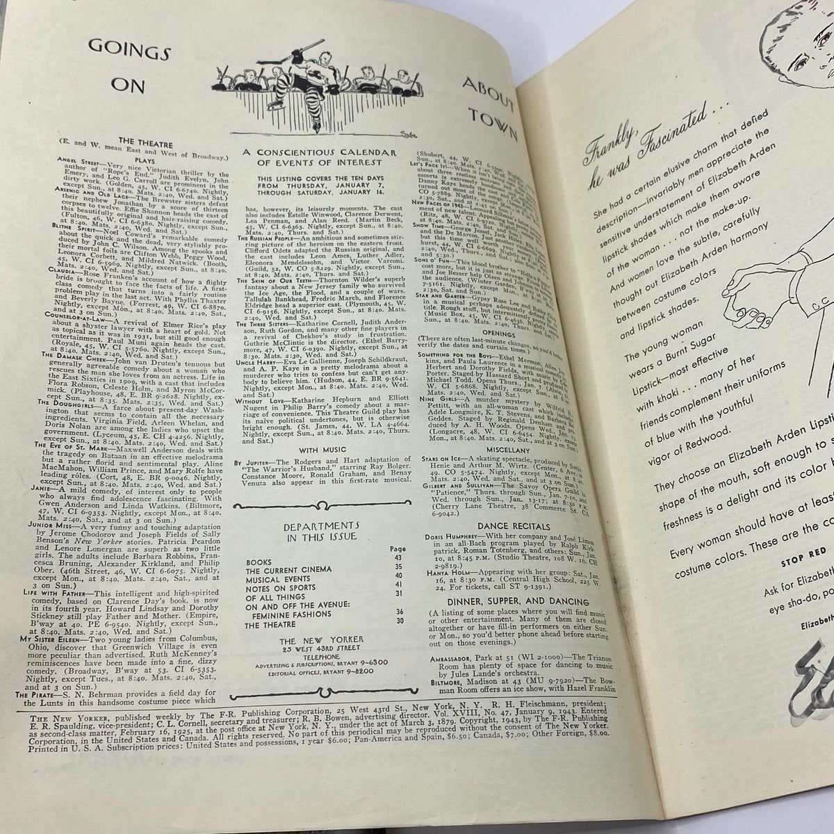 Interior pages of The New Yorker Complete Magazine January 9, 1943, showcasing events calendar and advertisements, highlighting the magazine's historical value.
