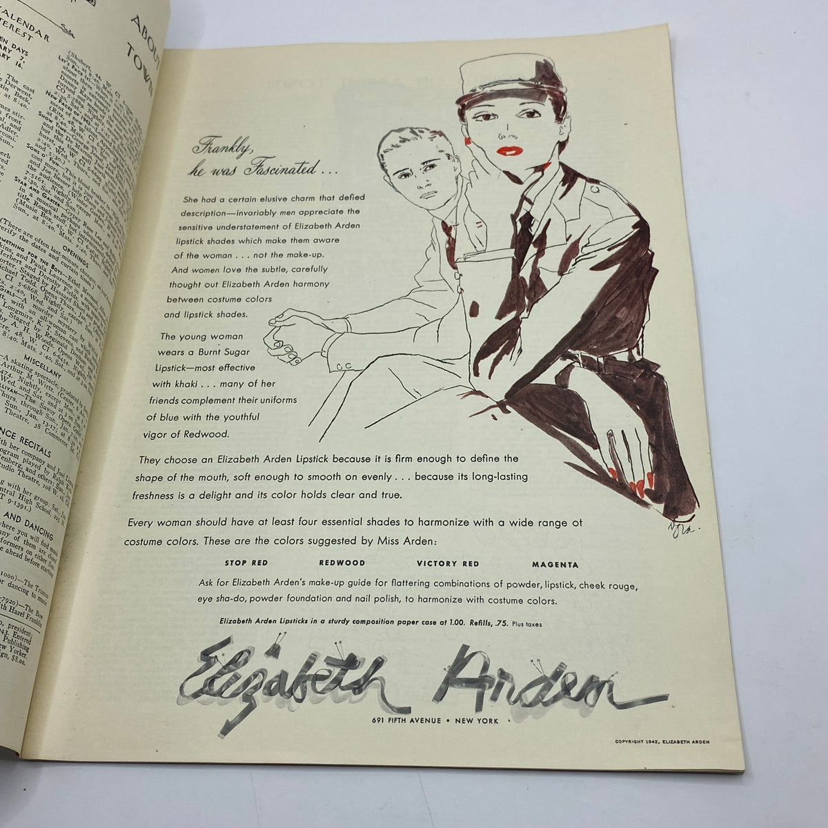An advertisement page from The New Yorker Complete Magazine January 9, 1943, featuring Elizabeth Arden lipstick, illustrating vintage cosmetic marketing.