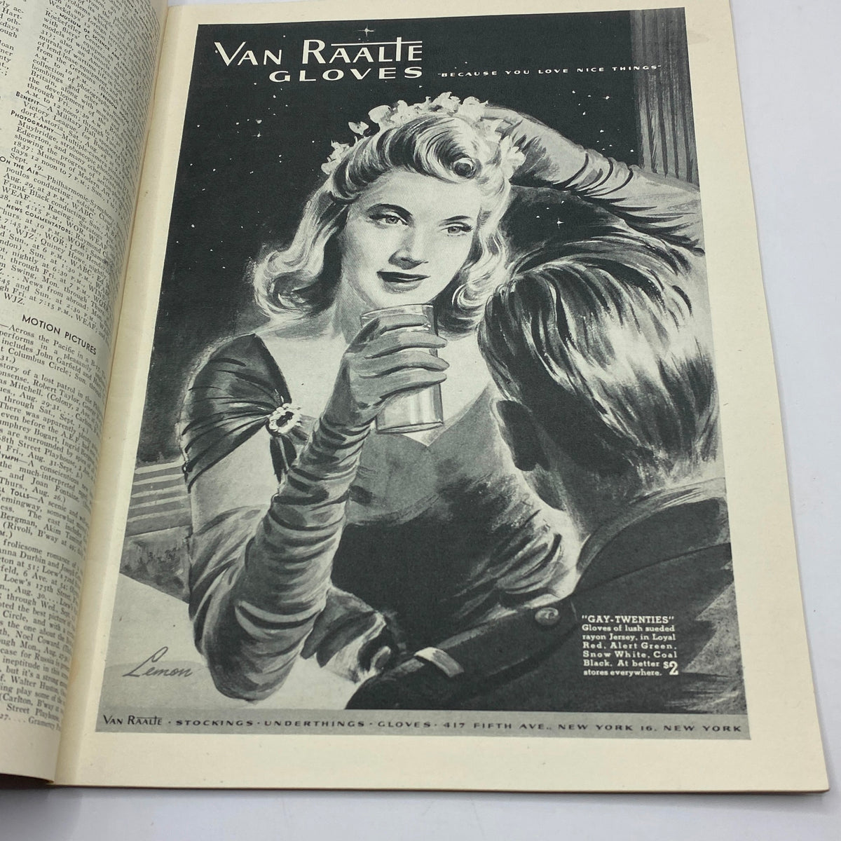 Vintage advertisement for Van Raalte Gloves featured in The New Yorker magazine, dated August 28, 1943, showcasing a woman in elegant gloves.