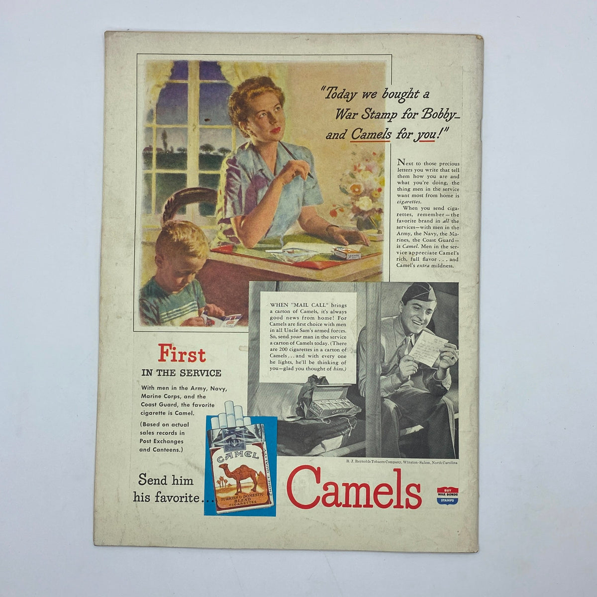 The New Yorker Complete Magazine August 28, 1943 Constantin Alajalov Cover showcasing a vintage advertisement featuring a woman contemplating letters and a child with stamps, promoting Camel cigarettes.