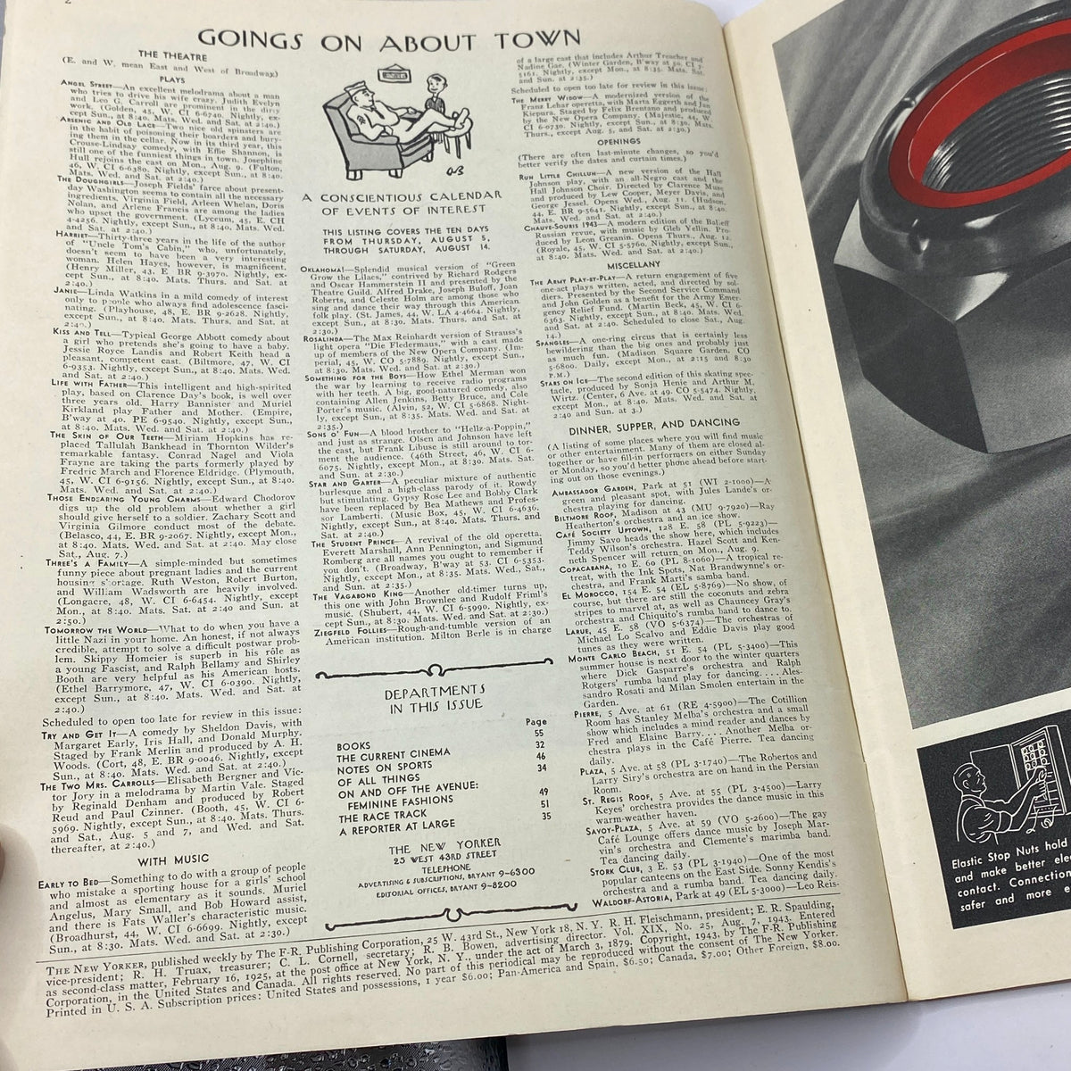 Inside page of The New Yorker magazine August 7, 1943, featuring 'Goings On About Town' with listings of events and cultural happenings. This vintage layout captures the essence of early 20th-century journalism.
