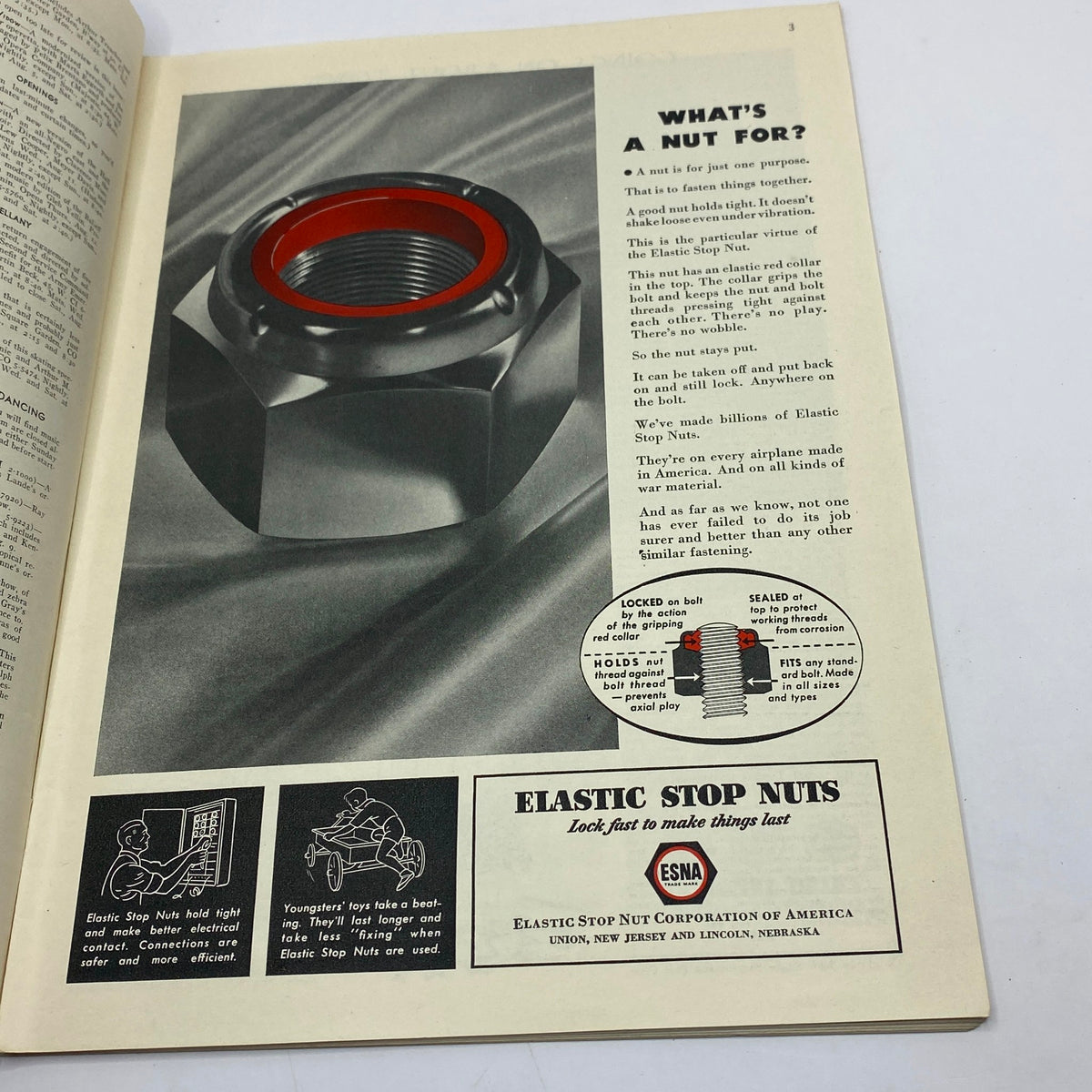 Advertisement page from The New Yorker magazine August 7, 1943, showcasing an Elastic Stop Nut. The ad highlights the product's features and benefits, set against a minimalist design.