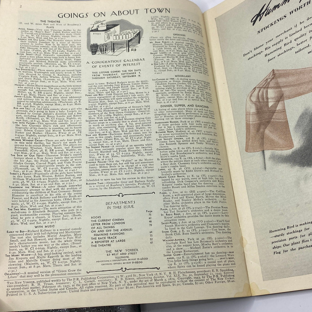 Inside view of The New Yorker Complete Magazine September 11, 1943 featuring events calendar and department listings.