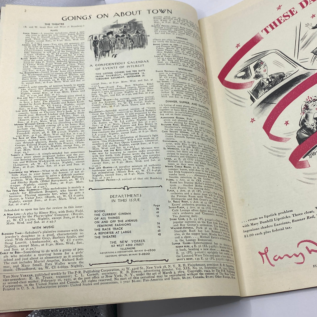 Inside pages of The New Yorker Complete Magazine September 18, 1943 featuring articles and cartoons, showcasing the magazine's style during World War II.
