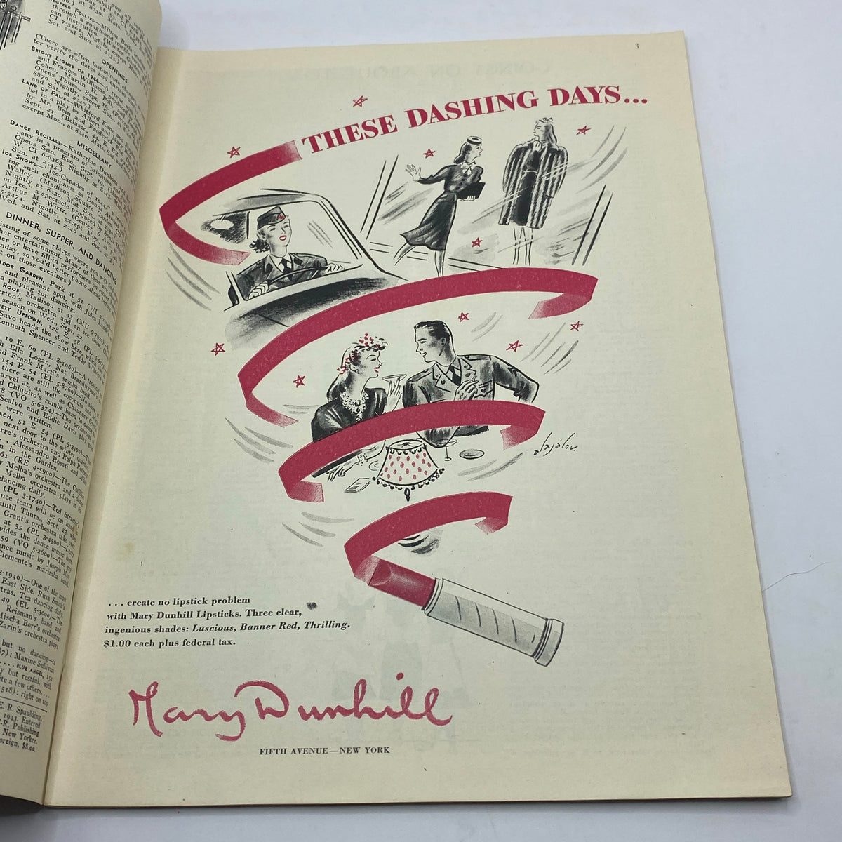 Advertisement page from The New Yorker Complete Magazine September 18, 1943 displaying a vintage lipstick ad by Mary Dunhill, reflecting the era's fashion.