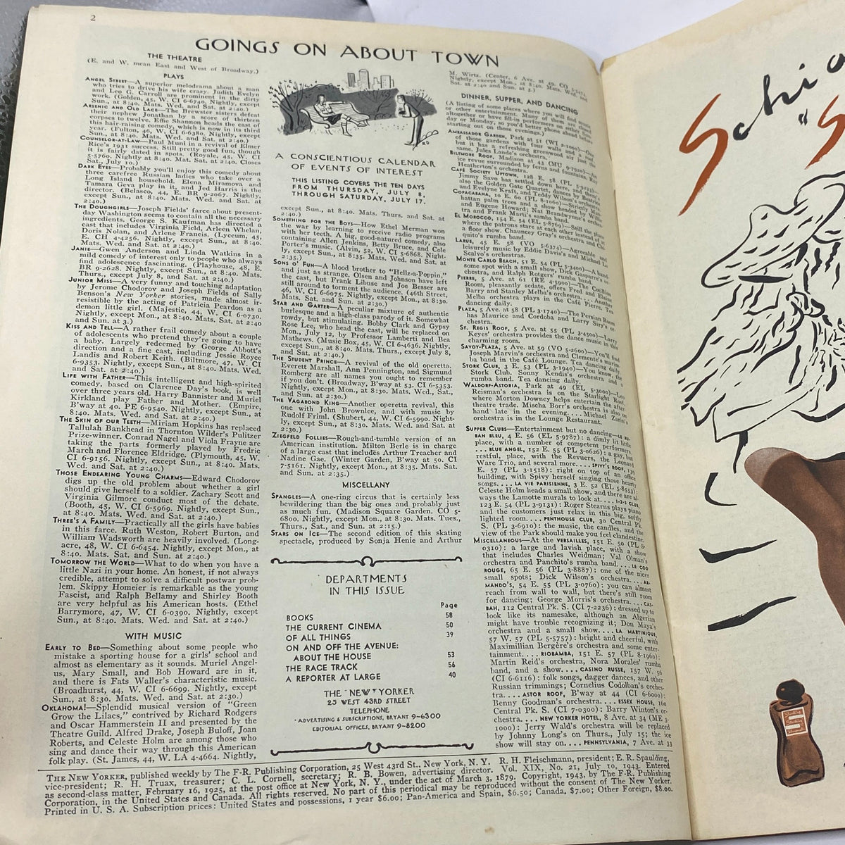 Inside pages of The New Yorker magazine from July 10, 1943 featuring 'Goings On About Town' and a calendar of events, illustrating the cultural highlights of the era. This edition is enhanced by the William Cotton cover, showcasing a mix of vintage entertainment and sophisticated urban life.