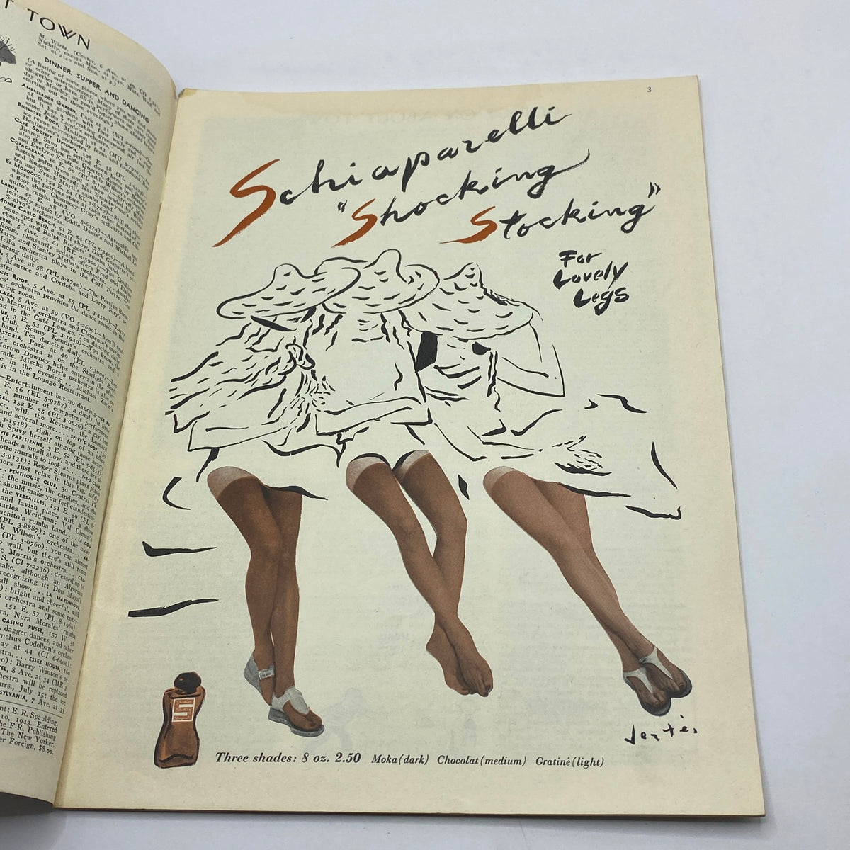 Illustration from The New Yorker July 10, 1943 featuring Schiaparelli 'Shocking Stocking' advertisement for lovely legs, showcasing elegant women's legs in a vintage style.