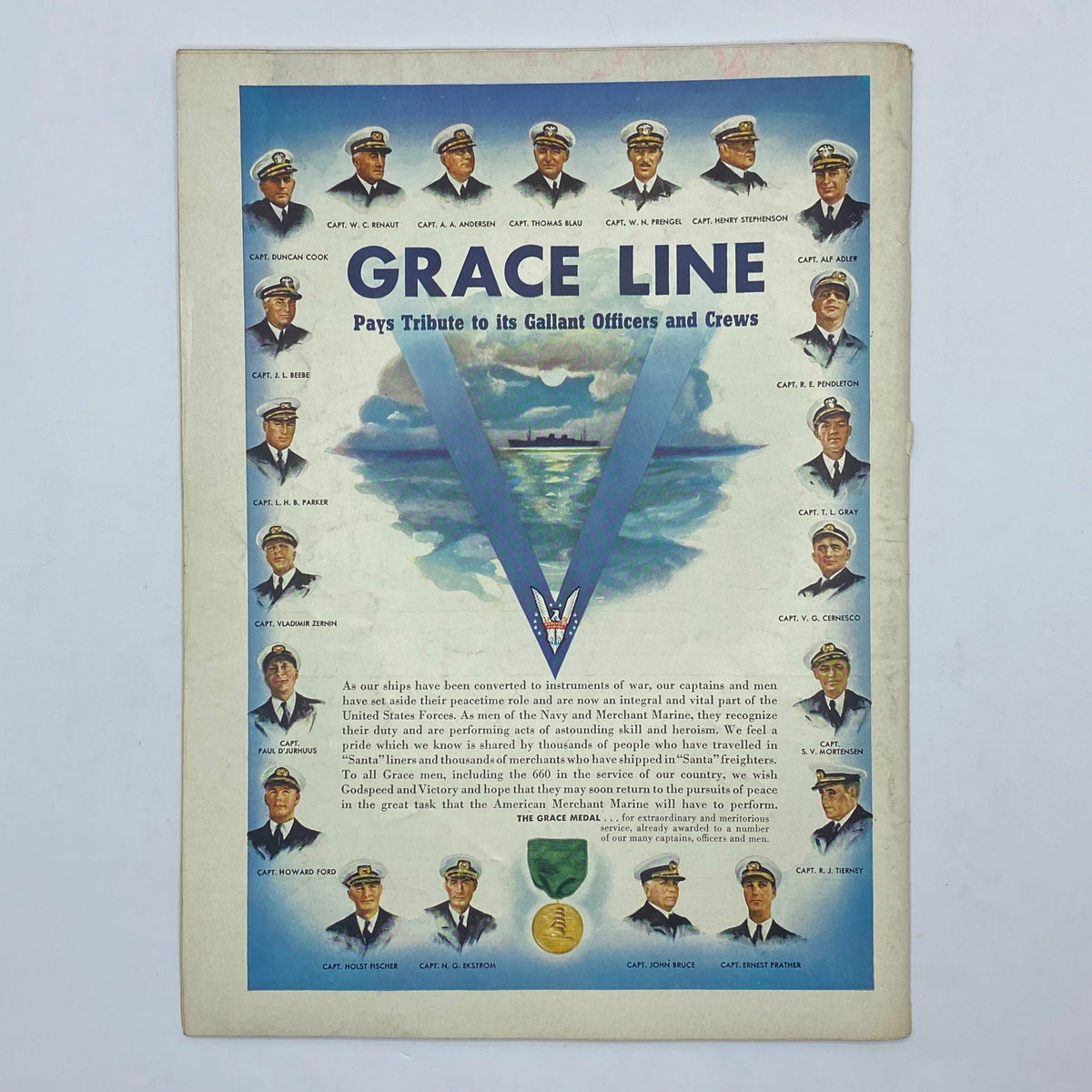 Tribute page from The New Yorker July 10, 1943 dedicated to Grace Line's gallant officers and crews, featuring portraits of naval captains and a medal of honor.