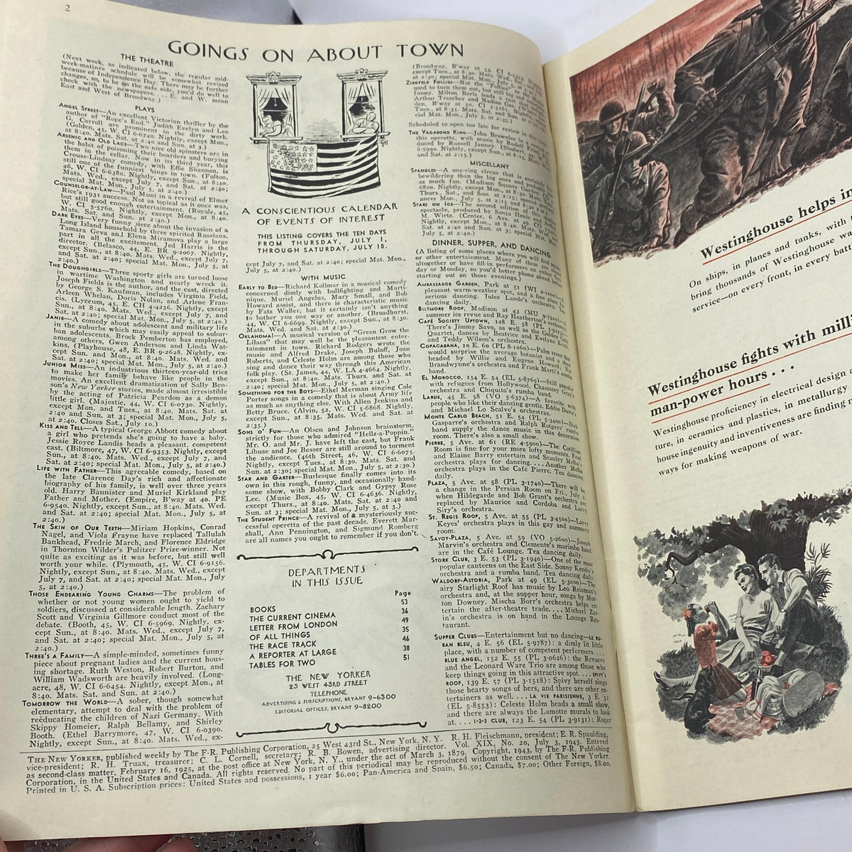 Interior spread of The New Yorker magazine, July 3, 1943, showcasing the 'Goings On About Town' section and event listings, from the issue featuring the Constantin Alajalov cover.