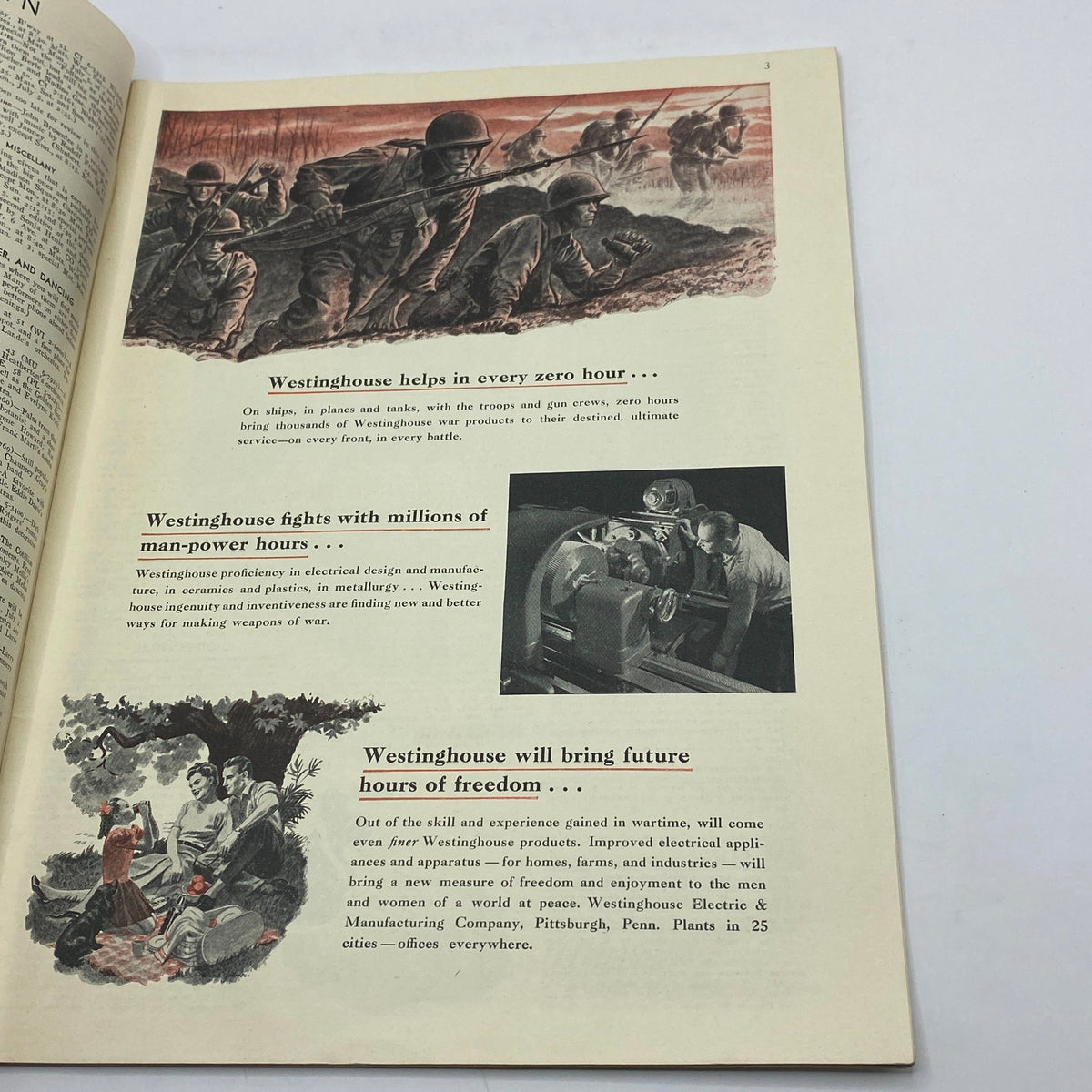 Interior page from The New Yorker July 3, 1943 featuring wartime advertisements for Westinghouse products, depicting soldiers and military equipment. Highlights the magazine's historical context and marketing from the era.